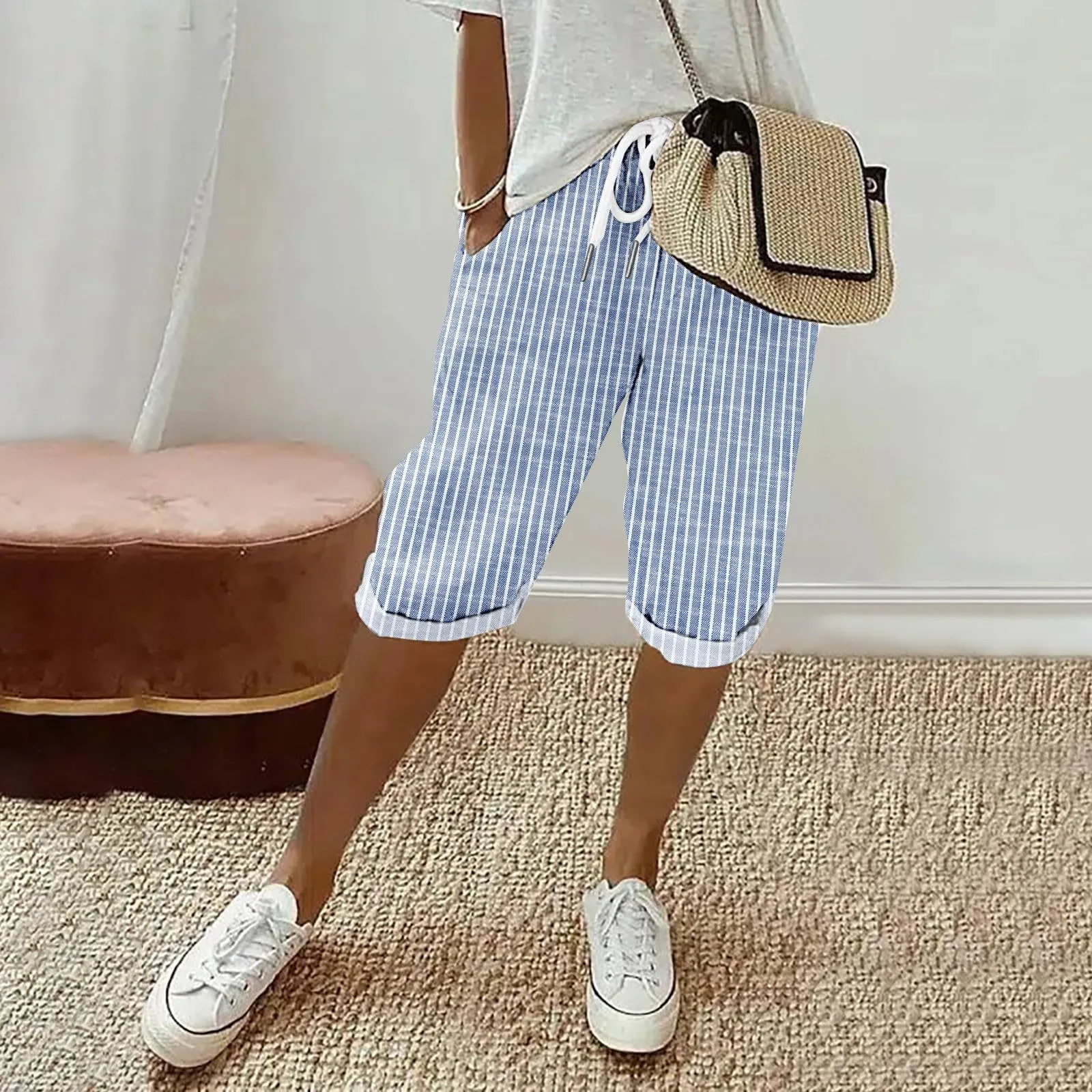 HEONSATI Pinocchietto Taglie Forti Donna Pantalone Eleganti Casual Sportivi Bermuda Capri Cotone E Lino Leggeri Pantaloni 3/4 in Cotone Taglie Forti Pinocchietti Palazzo Larghi Spiaggia Baggy - immagine 2