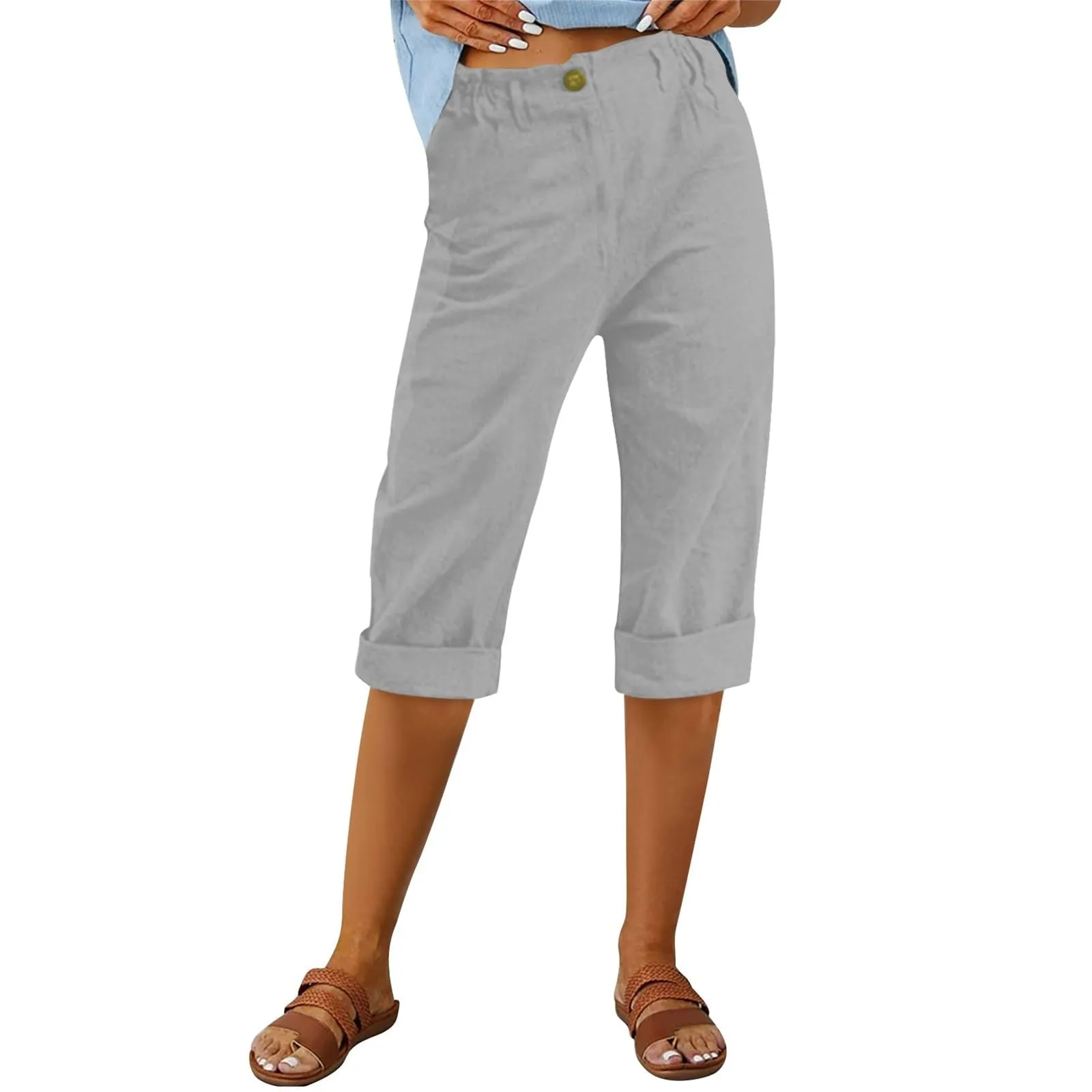 HEONSATI Pinocchietto Estivo Donna Bermuda Estivi Eleganti Casual Pantaloni 3/4 da Donna Leggeri Pinocchietti Capri di Lino Sciolto Pantalone al Ginocchio Larghi Shorts Sportivi Coulisse Regolabile - immagine 2