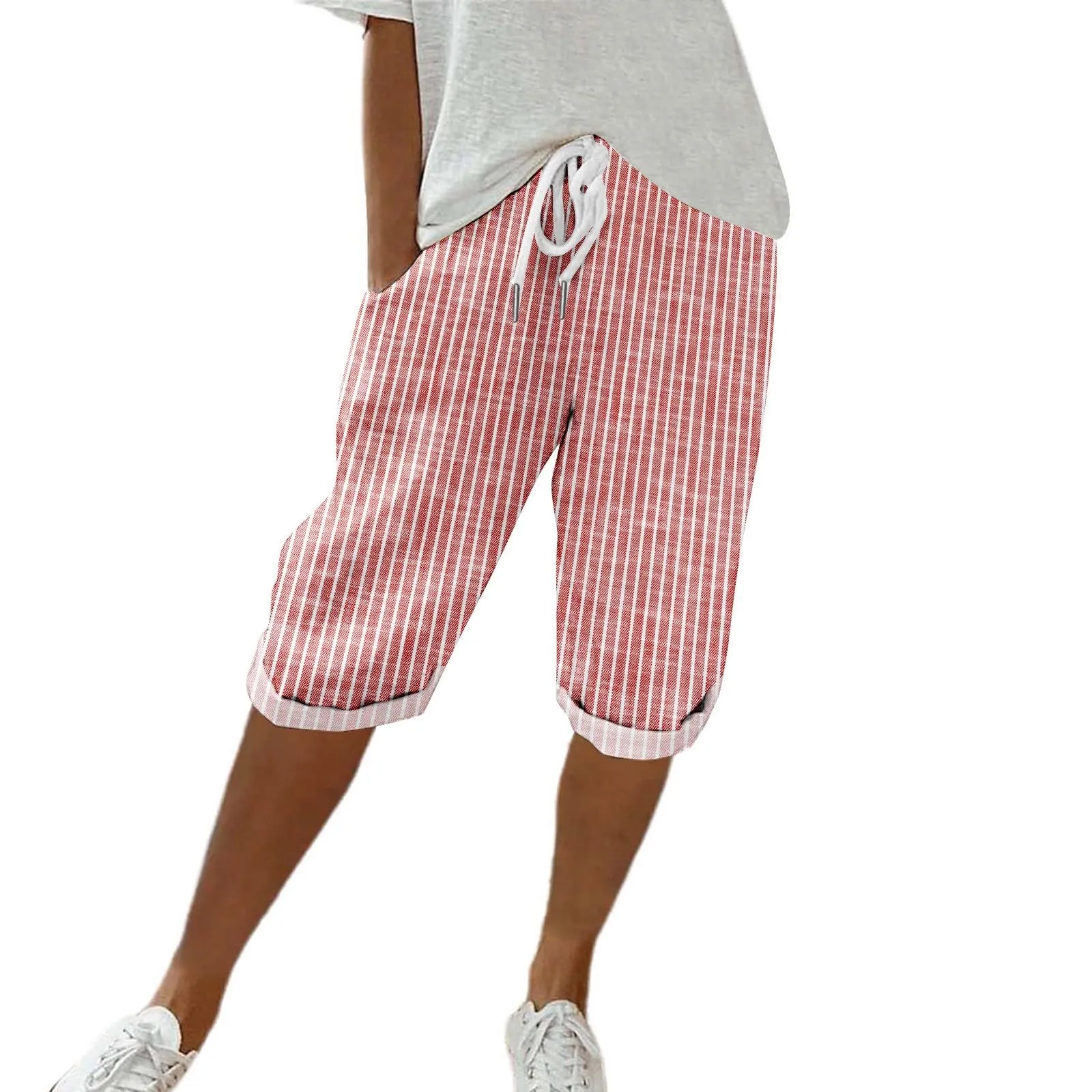 HEONSATI Pinocchietto Taglie Forti Donna Pantalone Eleganti Casual Sportivi Bermuda Capri Cotone E Lino Leggeri Pantaloni 3/4 in Cotone Taglie Forti Pinocchietti Palazzo Larghi Spiaggia Baggy - immagine 1