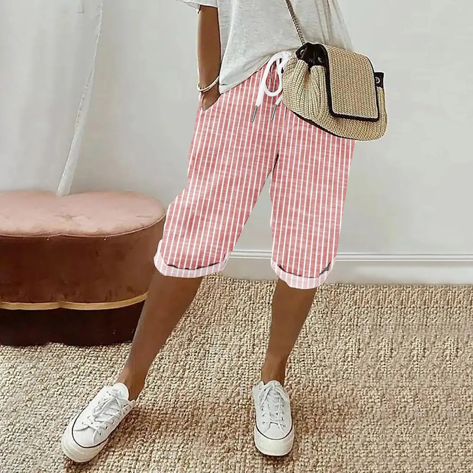 HEONSATI Pinocchietto Taglie Forti Donna Pantalone Eleganti Casual Sportivi Bermuda Capri Cotone E Lino Leggeri Pantaloni 3/4 in Cotone Taglie Forti Pinocchietti Palazzo Larghi Spiaggia Baggy - immagine 2