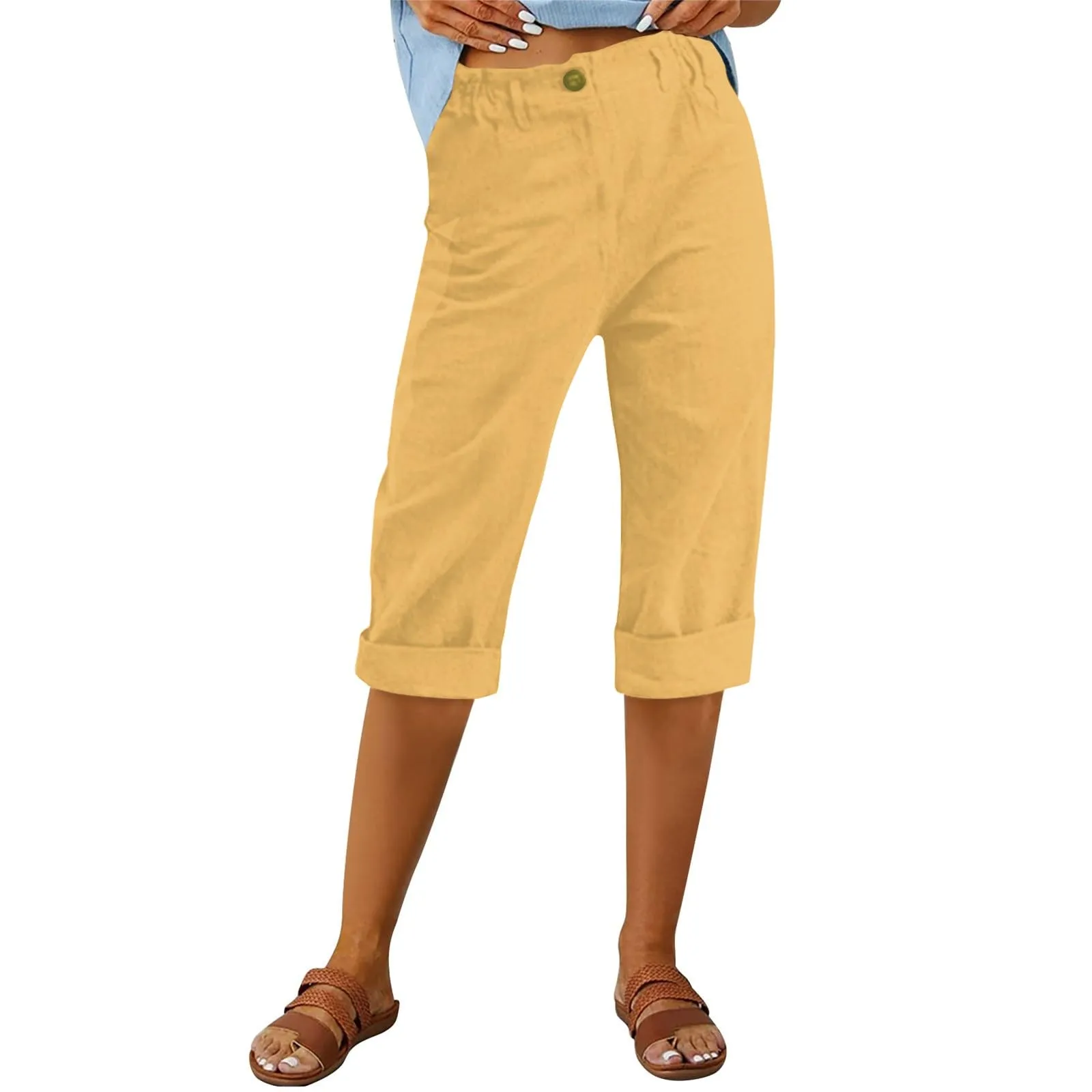 HEONSATI Pinocchietto Estivo Donna Bermuda Estivi Eleganti Casual Pantaloni 3/4 da Donna Leggeri Pinocchietti Capri di Lino Sciolto Pantalone al Ginocchio Larghi Shorts Sportivi Coulisse Regolabile - immagine 1