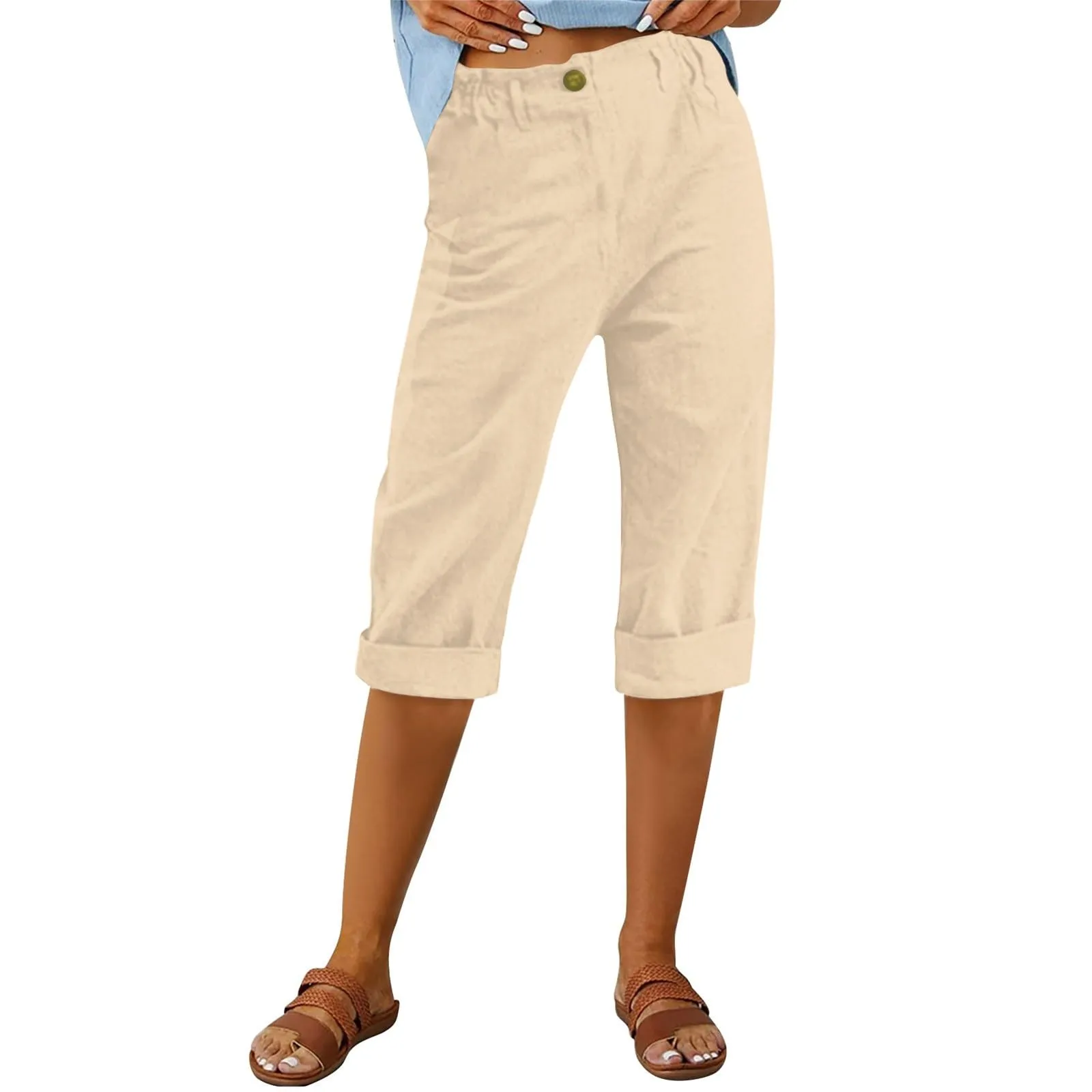HEONSATI Pinocchietto Estivo Donna Bermuda Estivi Eleganti Casual Pantaloni 3/4 da Donna Leggeri Pinocchietti Capri di Lino Sciolto Pantalone al Ginocchio Larghi Shorts Sportivi Coulisse Regolabile - immagine 2