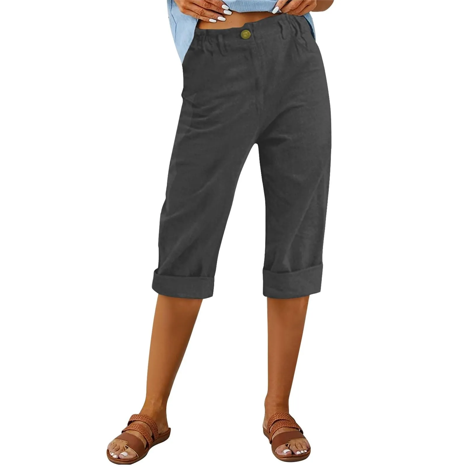 HEONSATI Pinocchietto Estivo Donna Bermuda Estivi Eleganti Casual Pantaloni 3/4 da Donna Leggeri Pinocchietti Capri di Lino Sciolto Pantalone al Ginocchio Larghi Shorts Sportivi Coulisse Regolabile - immagine 2