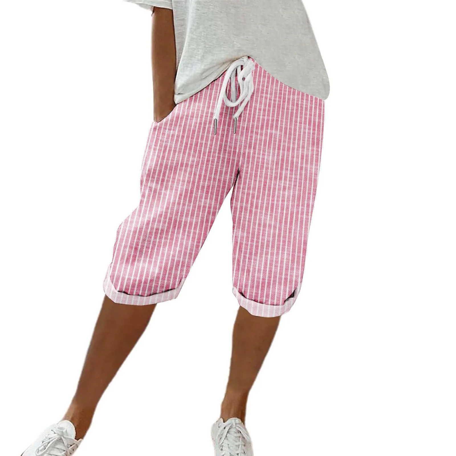 HEONSATI Pinocchietto Taglie Forti Donna Pantalone Eleganti Casual Sportivi Bermuda Capri Cotone E Lino Leggeri Pantaloni 3/4 in Cotone Taglie Forti Pinocchietti Palazzo Larghi Spiaggia Baggy - immagine 1