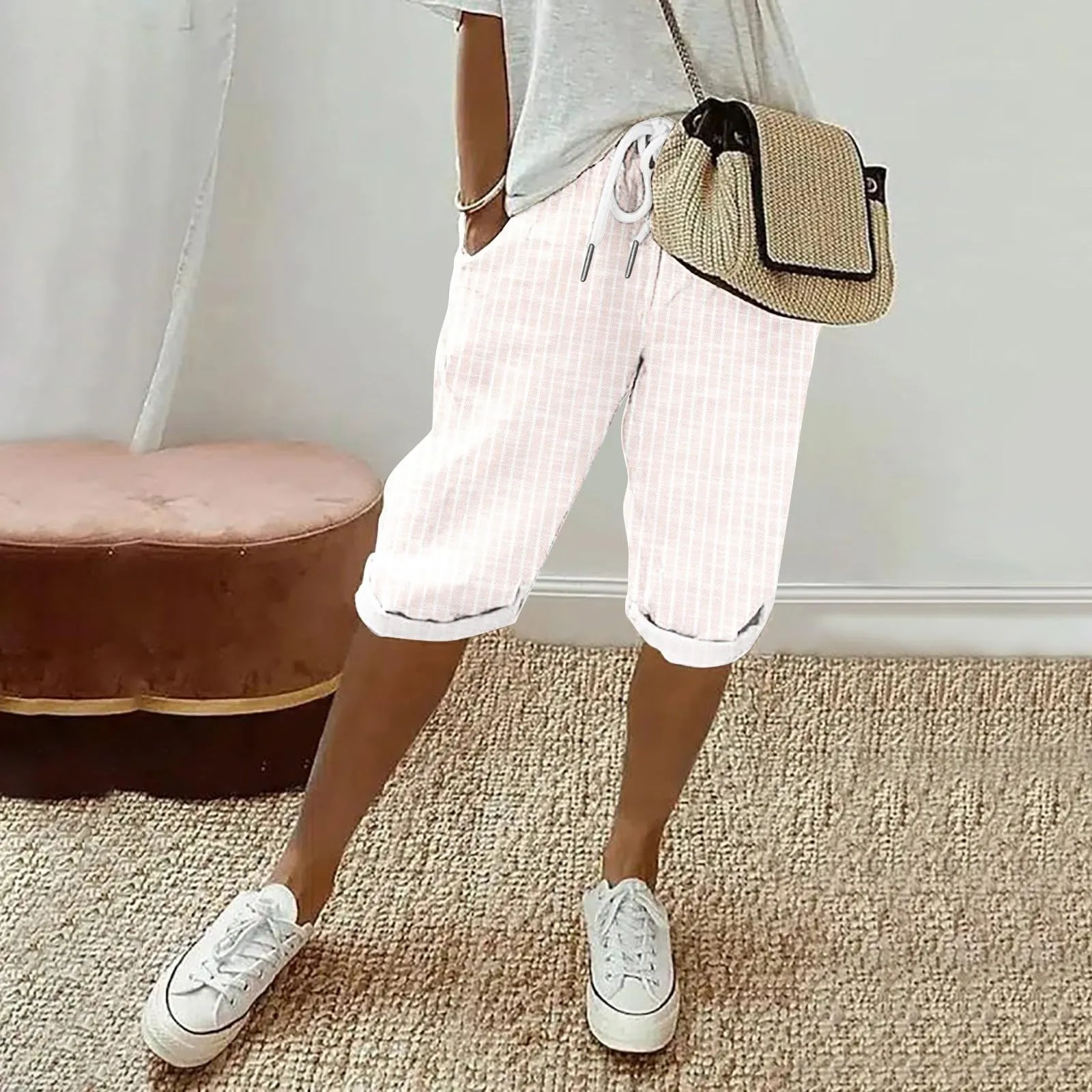 HEONSATI Pinocchietto Taglie Forti Donna Pantalone Eleganti Casual Sportivi Bermuda Capri Cotone E Lino Leggeri Pantaloni 3/4 in Cotone Taglie Forti Pinocchietti Palazzo Larghi Spiaggia Baggy - immagine 2