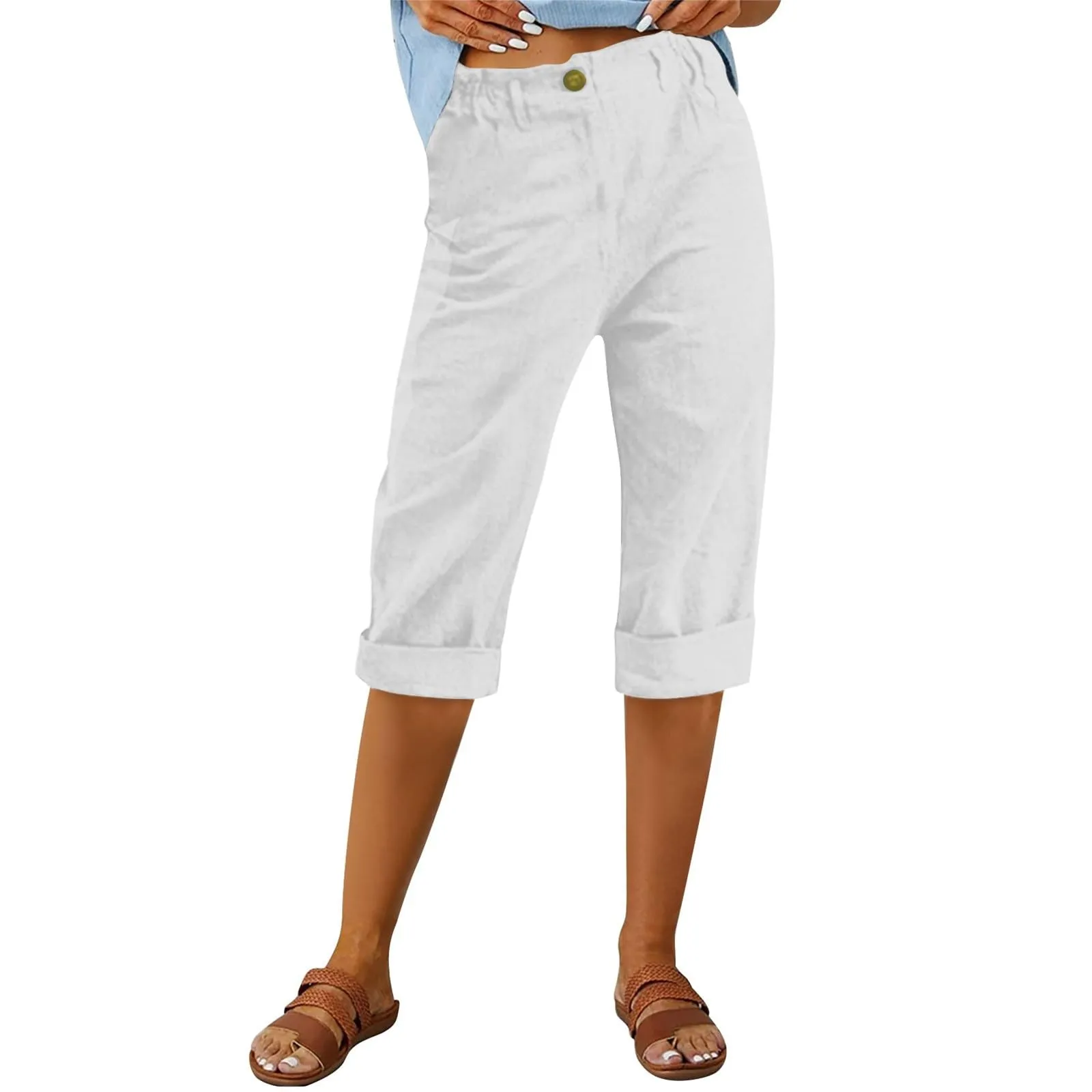 HEONSATI Pinocchietto Estivo Donna Bermuda Estivi Eleganti Casual Pantaloni 3/4 da Donna Leggeri Pinocchietti Capri di Lino Sciolto Pantalone al Ginocchio Larghi Shorts Sportivi Coulisse Regolabile - immagine 2