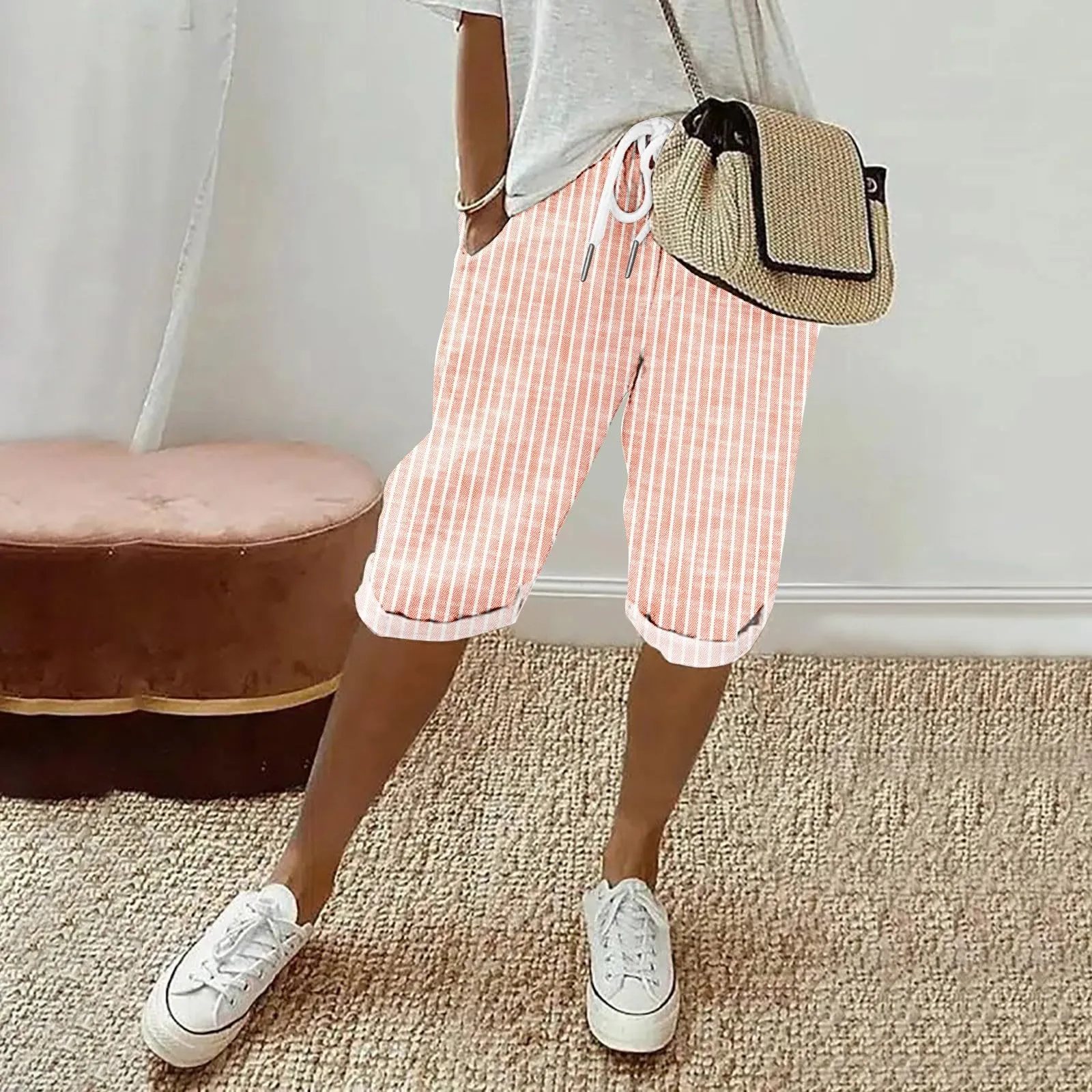 HEONSATI Pinocchietto Taglie Forti Donna Pantalone Eleganti Casual Sportivi Bermuda Capri Cotone E Lino Leggeri Pantaloni 3/4 in Cotone Taglie Forti Pinocchietti Palazzo Larghi Spiaggia Baggy - immagine 2
