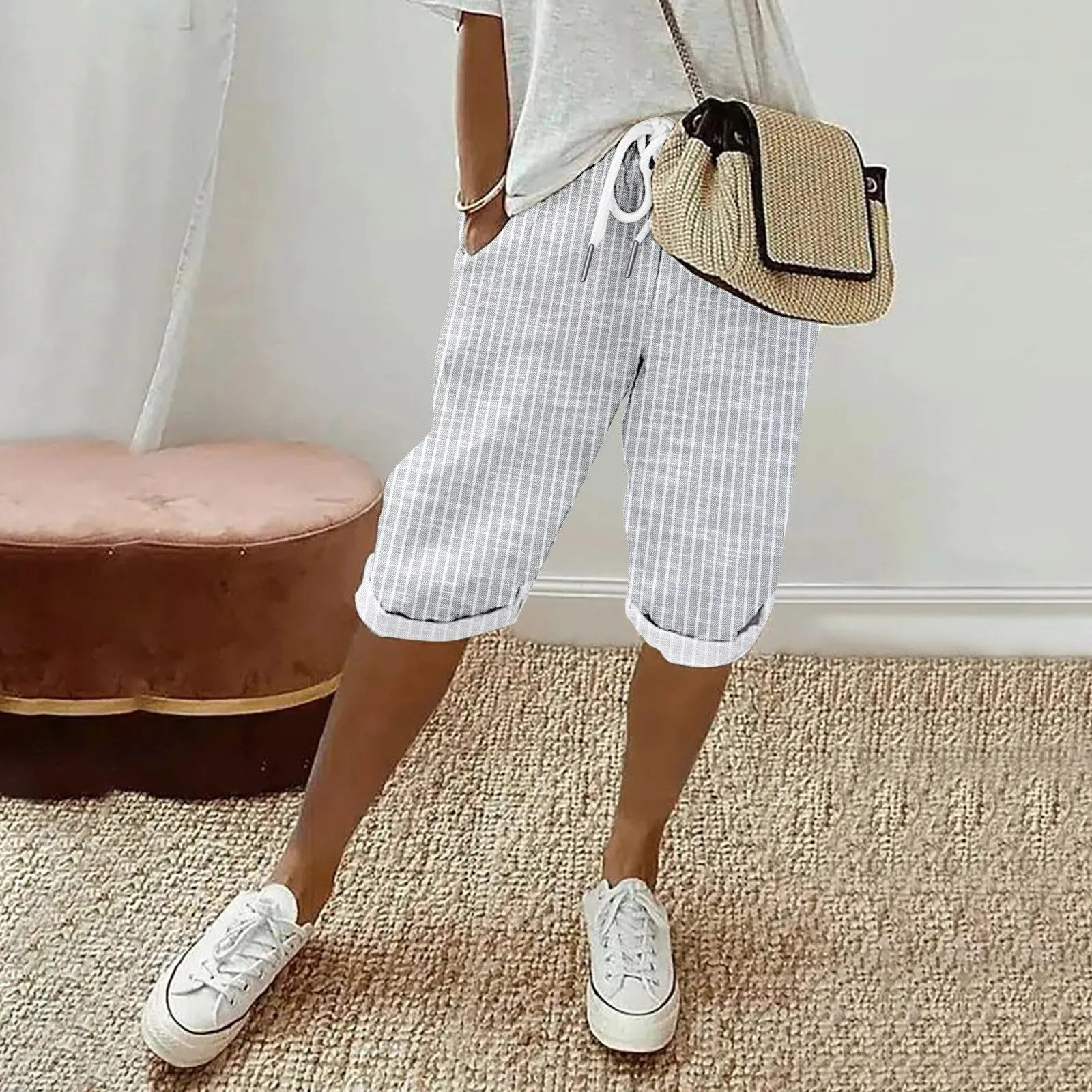 HEONSATI Pinocchietto Taglie Forti Donna Pantalone Eleganti Casual Sportivi Bermuda Capri Cotone E Lino Leggeri Pantaloni 3/4 in Cotone Taglie Forti Pinocchietti Palazzo Larghi Spiaggia Baggy - immagine 2