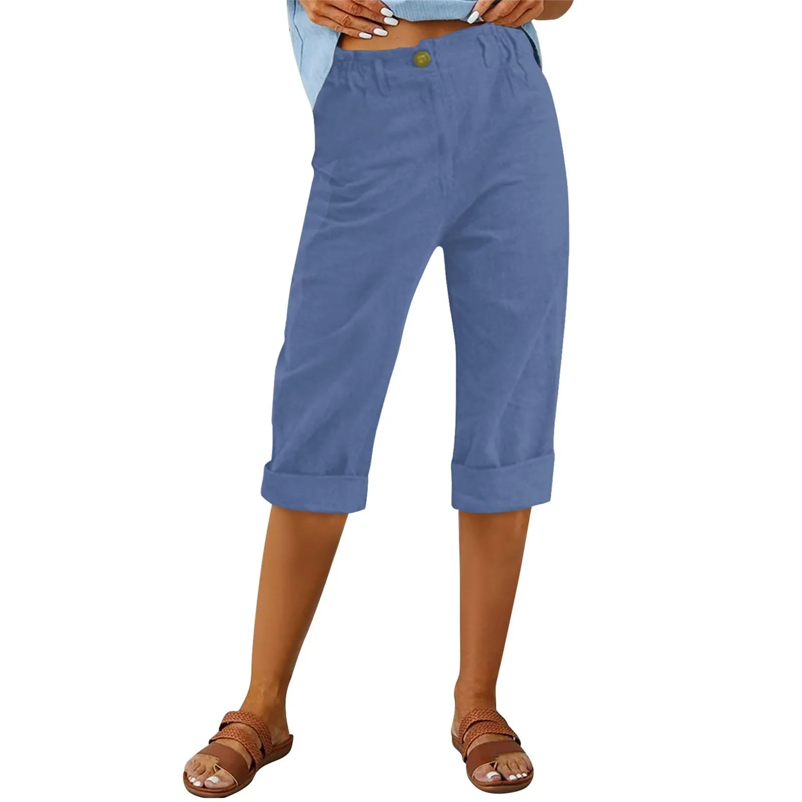 HEONSATI Pinocchietto Estivo Donna Bermuda Estivi Eleganti Casual Pantaloni 3/4 da Donna Leggeri Pinocchietti Capri di Lino Sciolto Pantalone al Ginocchio Larghi Shorts Sportivi Coulisse Regolabile - immagine 2