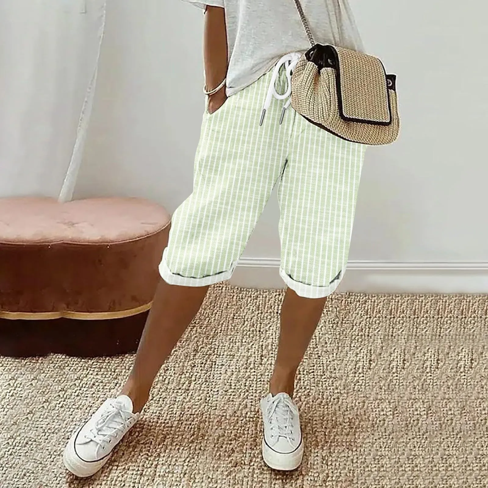 HEONSATI Pinocchietto Taglie Forti Donna Pantalone Eleganti Casual Sportivi Bermuda Capri Cotone E Lino Leggeri Pantaloni 3/4 in Cotone Taglie Forti Pinocchietti Palazzo Larghi Spiaggia Baggy - immagine 2
