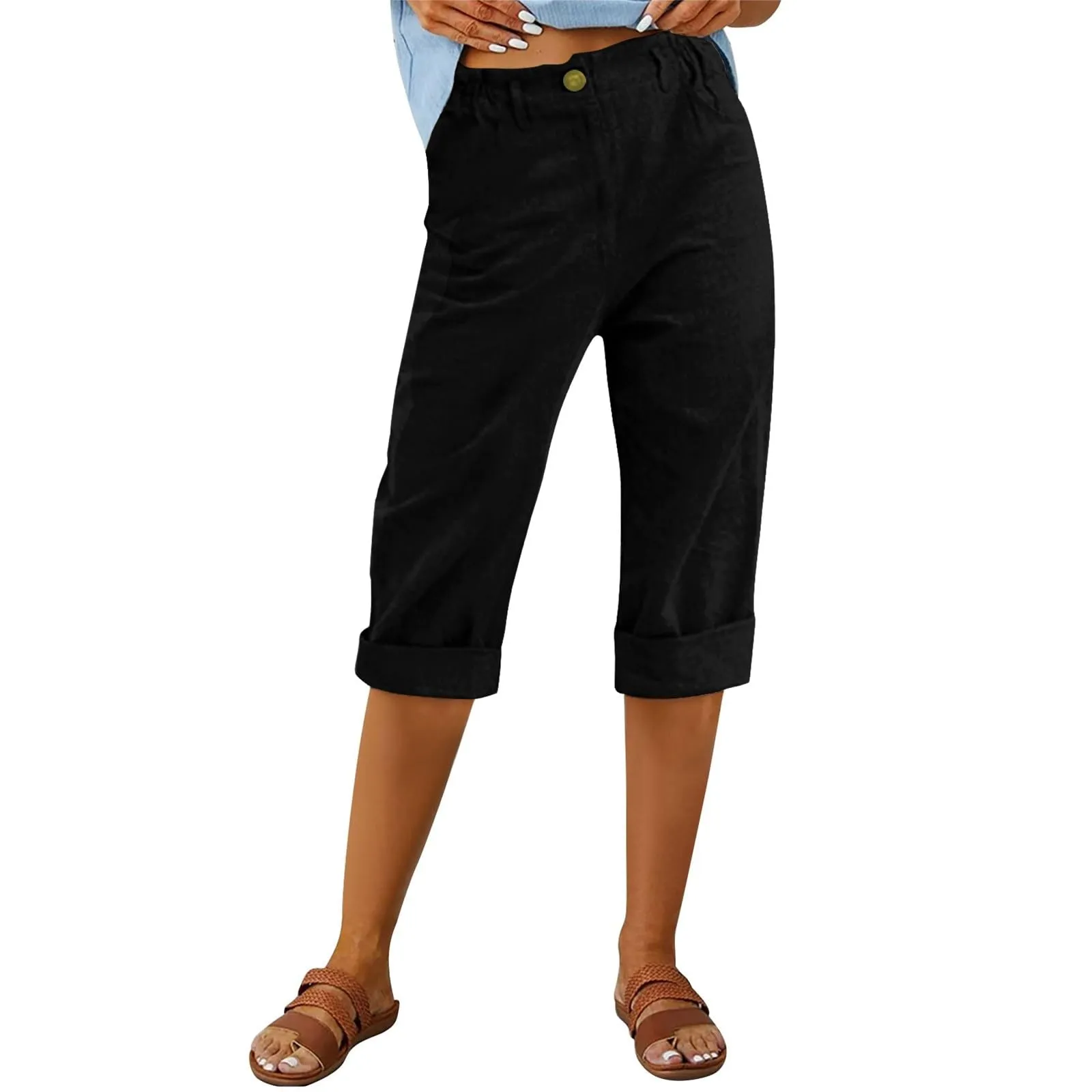 HEONSATI Pinocchietto Estivo Donna Bermuda Estivi Eleganti Casual Pantaloni 3/4 da Donna Leggeri Pinocchietti Capri di Lino Sciolto Pantalone al Ginocchio Larghi Shorts Sportivi Coulisse Regolabile - immagine 2