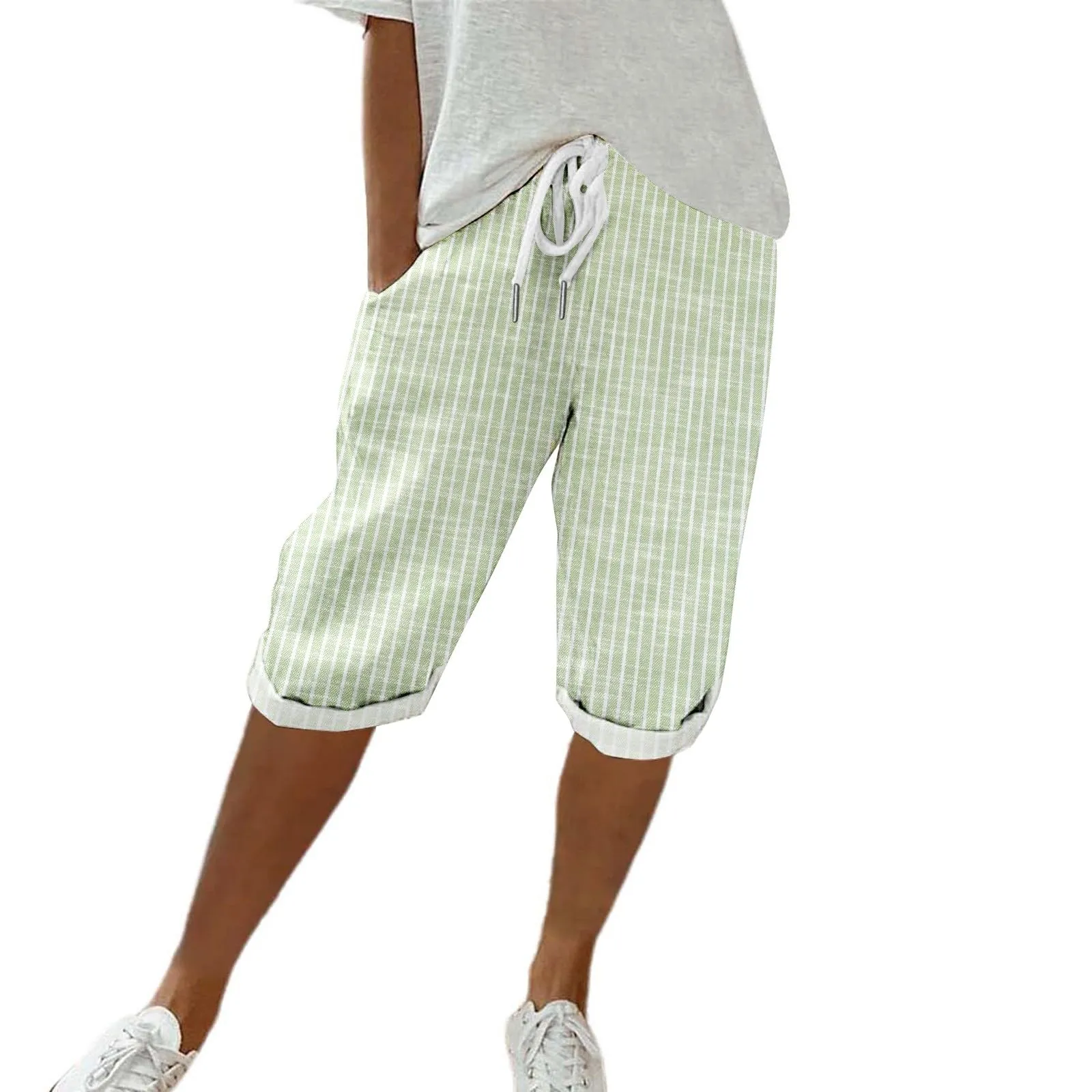 HEONSATI Pinocchietto Taglie Forti Donna Pantalone Eleganti Casual Sportivi Bermuda Capri Cotone E Lino Leggeri Pantaloni 3/4 in Cotone Taglie Forti Pinocchietti Palazzo Larghi Spiaggia Baggy - immagine 1