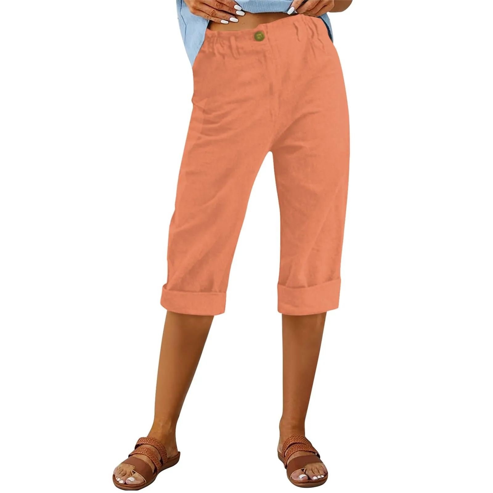 HEONSATI Pinocchietto Estivo Donna Bermuda Estivi Eleganti Casual Pantaloni 3/4 da Donna Leggeri Pinocchietti Capri di Lino Sciolto Pantalone al Ginocchio Larghi Shorts Sportivi Coulisse Regolabile - immagine 2