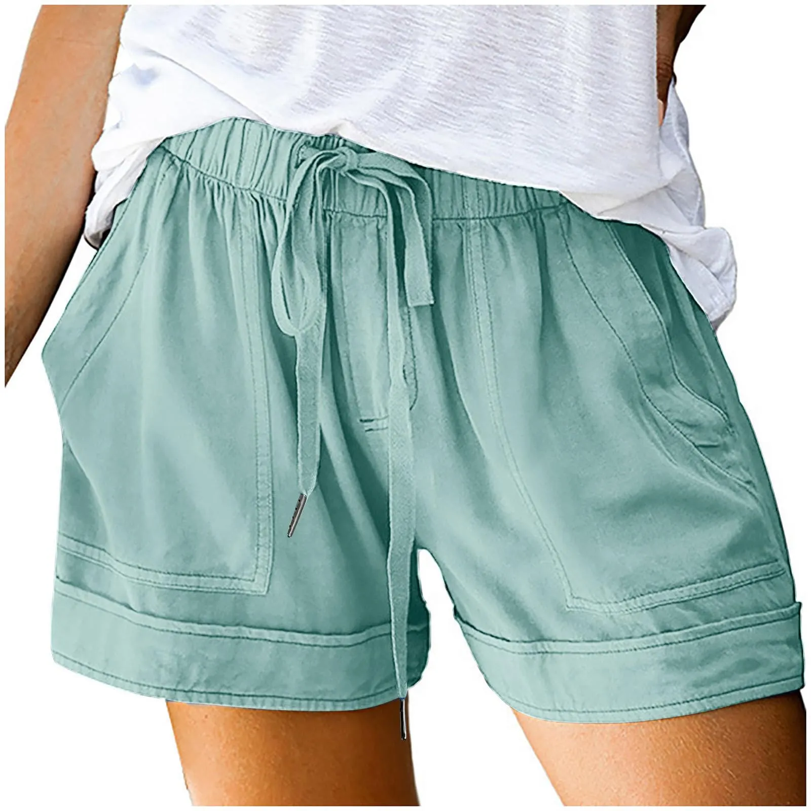 AnnSemo - Pantaloncini estivi da donna UK Plus Size con tasche, vita alta elasticizzata, in cotone, gamba dritta, pantaloni sportivi da palestra, sportivi, hot pants, coulisse, larghi, da yoga, da - immagine 5