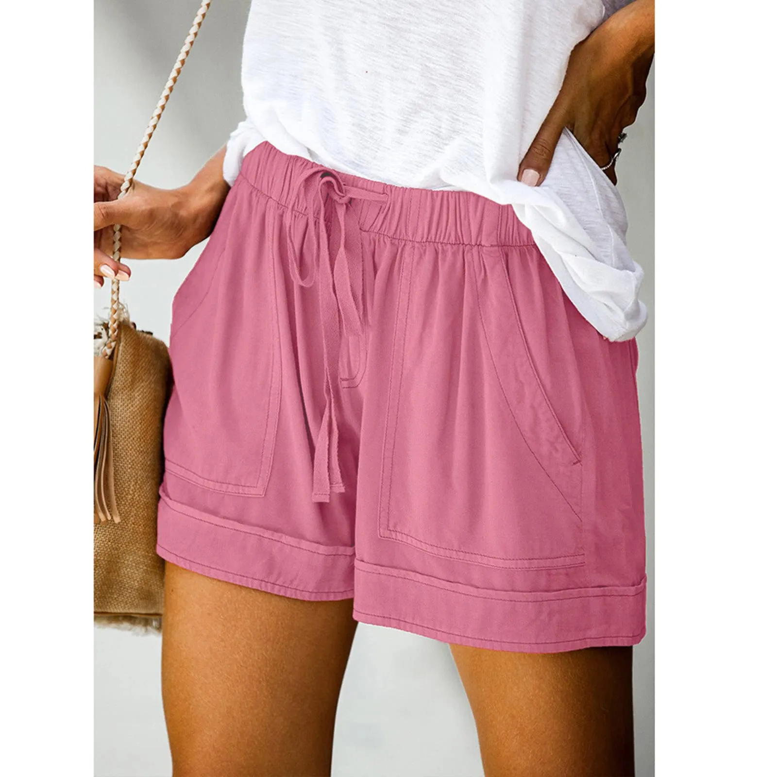 AnnSemo - Pantaloncini estivi da donna UK Plus Size con tasche, vita alta elasticizzata, in cotone, gamba dritta, pantaloni sportivi da palestra, sportivi, hot pants, coulisse, larghi, da yoga, da - immagine 3