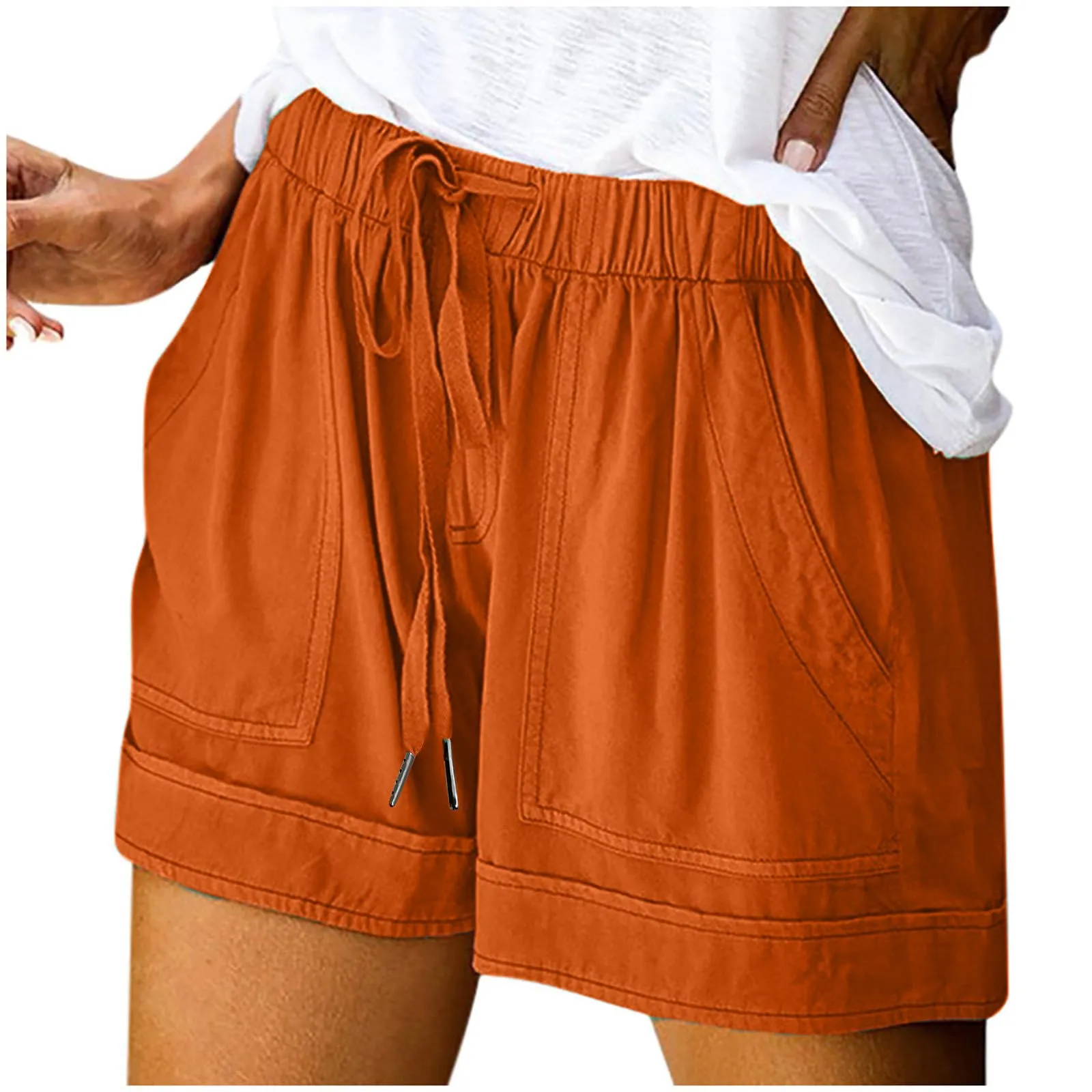 AnnSemo - Pantaloncini estivi da donna UK Plus Size con tasche, vita alta elasticizzata, in cotone, gamba dritta, pantaloni sportivi da palestra, sportivi, hot pants, coulisse, larghi, yoga - immagine 8