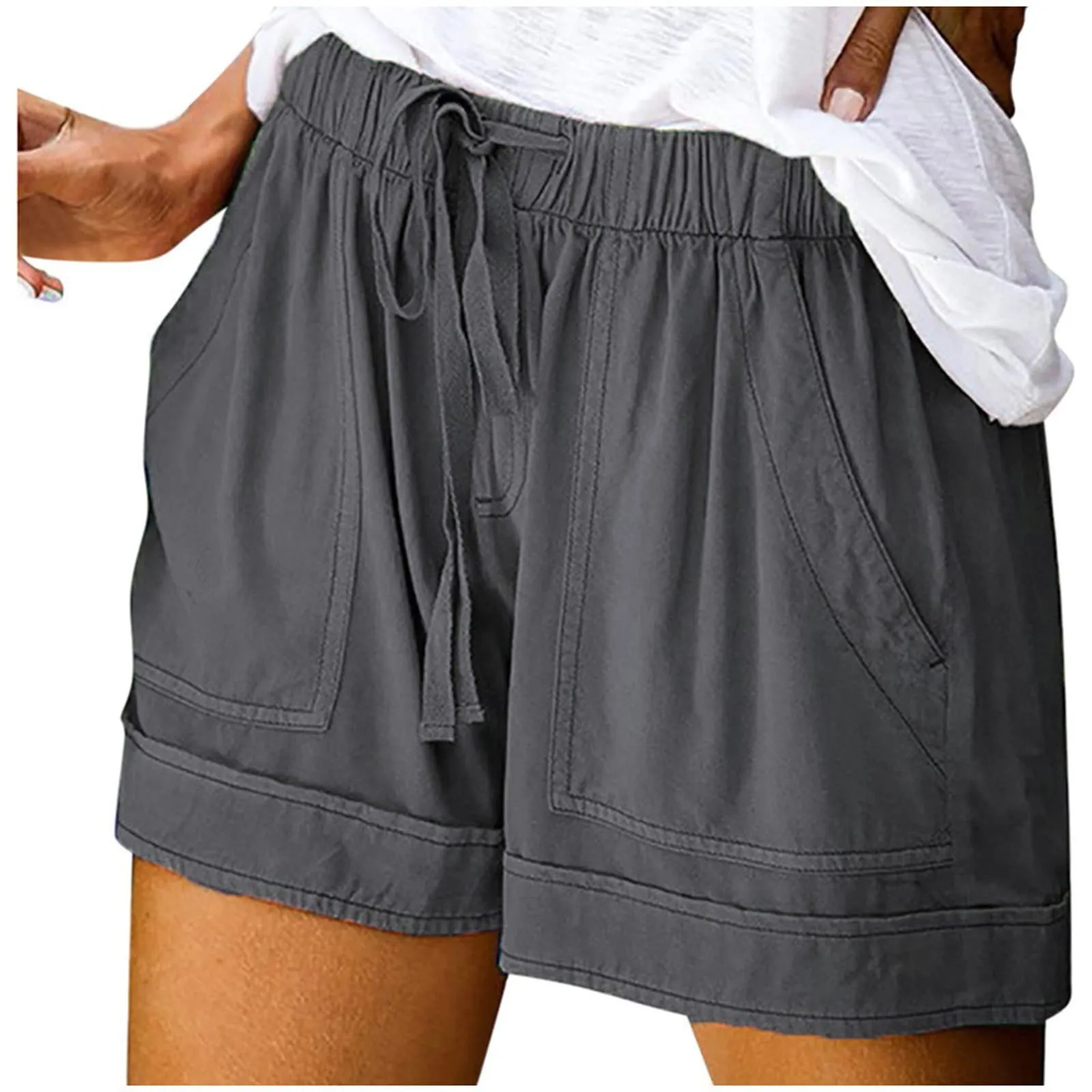 AnnSemo - Pantaloncini estivi da donna UK Plus Size con tasche, vita alta elasticizzata, in cotone, gamba dritta, pantaloni sportivi da palestra, sportivi, hot pants, coulisse, larghi, yoga - immagine 1