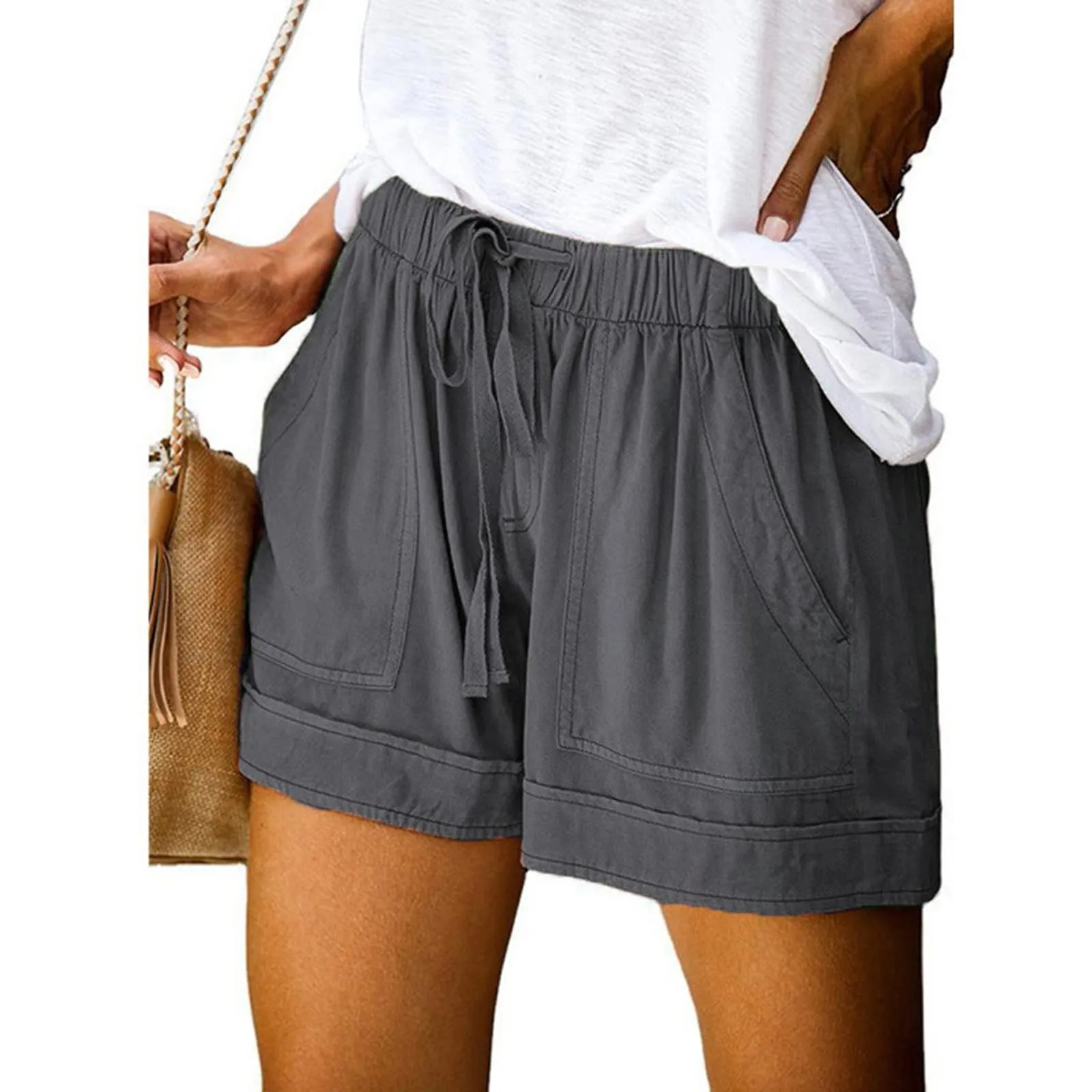 AnnSemo - Pantaloncini estivi da donna UK Plus Size con tasche, vita alta elasticizzata, in cotone, gamba dritta, pantaloni sportivi da palestra, sportivi, hot pants, coulisse, larghi, da yoga, da - immagine 2