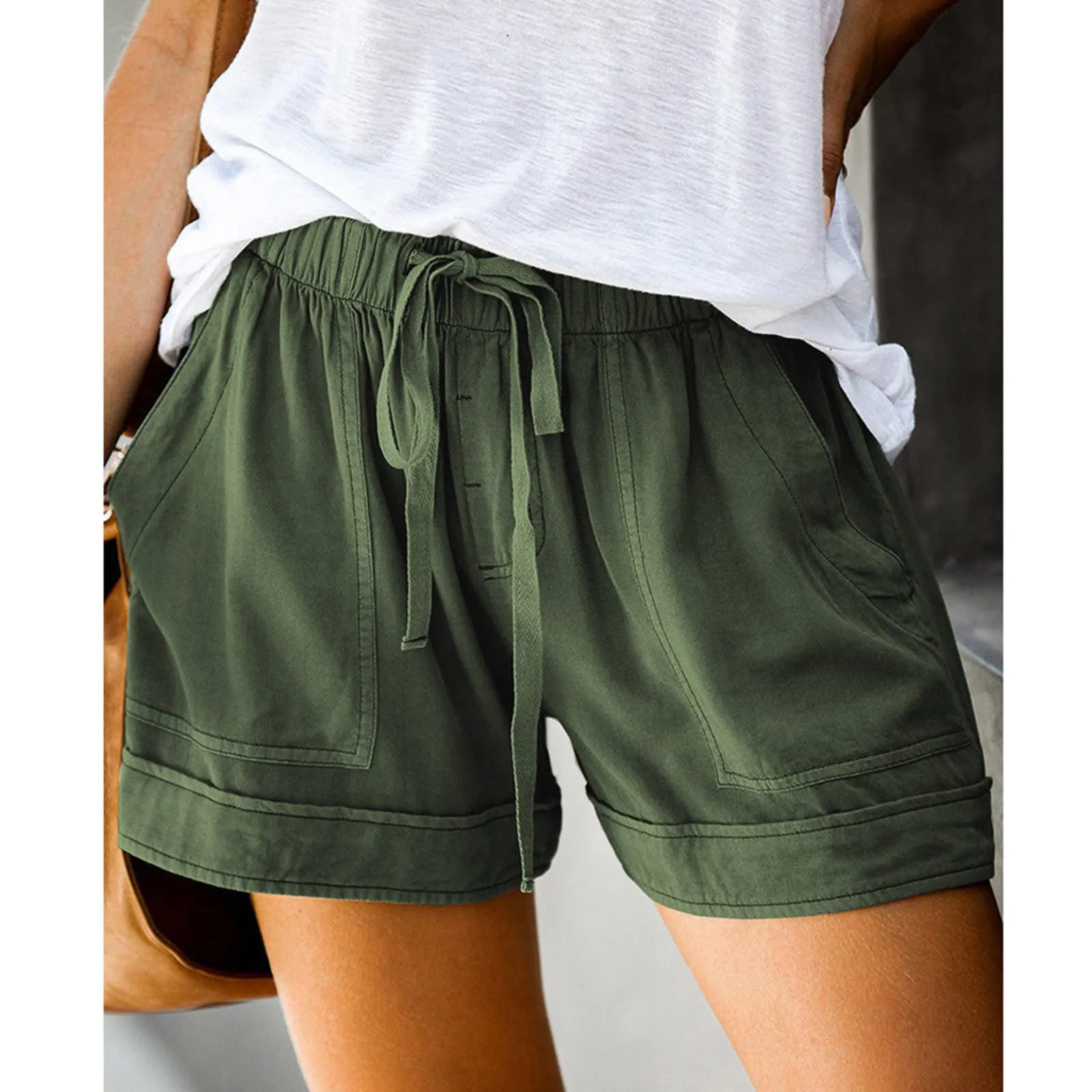 AnnSemo - Pantaloncini estivi da donna UK Plus Size con tasche, vita alta elasticizzata, in cotone, gamba dritta, pantaloni sportivi da palestra, sportivi, hot pants, coulisse, larghi, da yoga, da - immagine 3