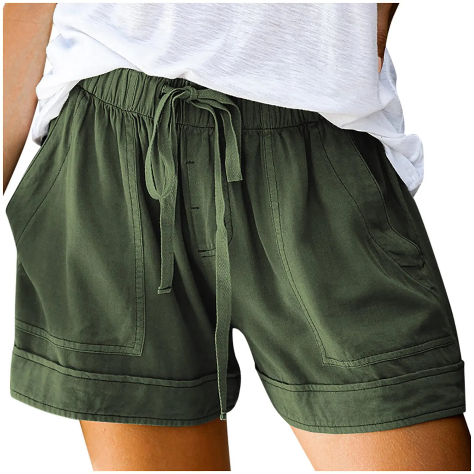 AnnSemo - Pantaloncini estivi da donna UK Plus Size con tasche, vita alta elasticizzata, in cotone, gamba dritta, pantaloni sportivi da palestra, sportivi, hot pants, coulisse, larghi, da yoga, da - immagine 8