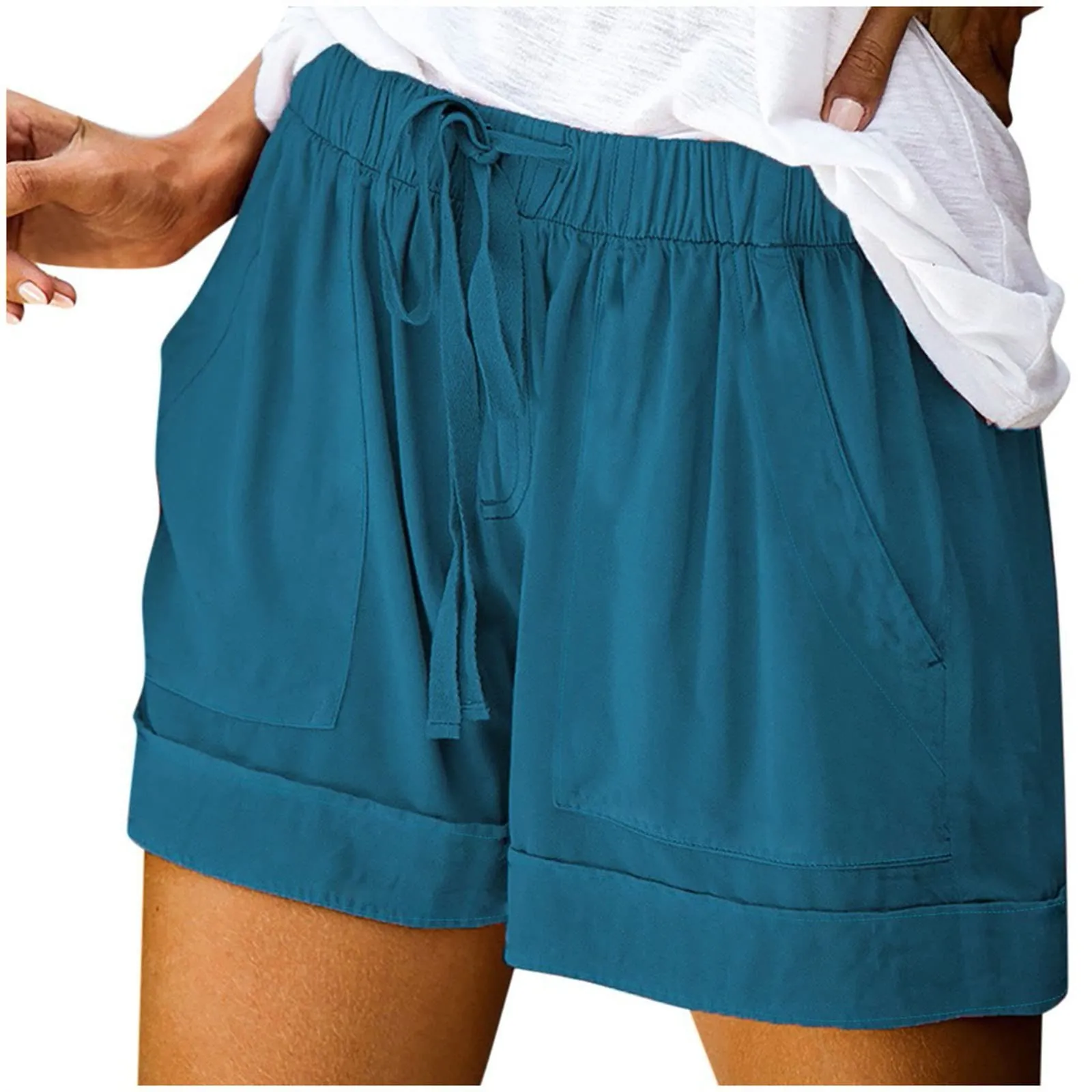 AnnSemo - Pantaloncini estivi da donna UK Plus Size con tasche, vita alta elasticizzata, in cotone, gamba dritta, pantaloni sportivi da palestra, hot pants da yoga, allenamento, coulisse, larghi, 01 - immagine 8