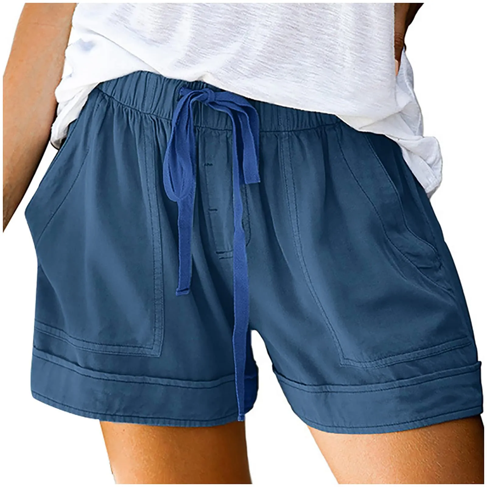 AnnSemo - Pantaloncini estivi da donna UK Plus Size con tasche, vita alta elasticizzata, in cotone, gamba dritta, pantaloni sportivi da palestra, sportivi, hot pants, coulisse, larghi, da yoga, da - immagine 7