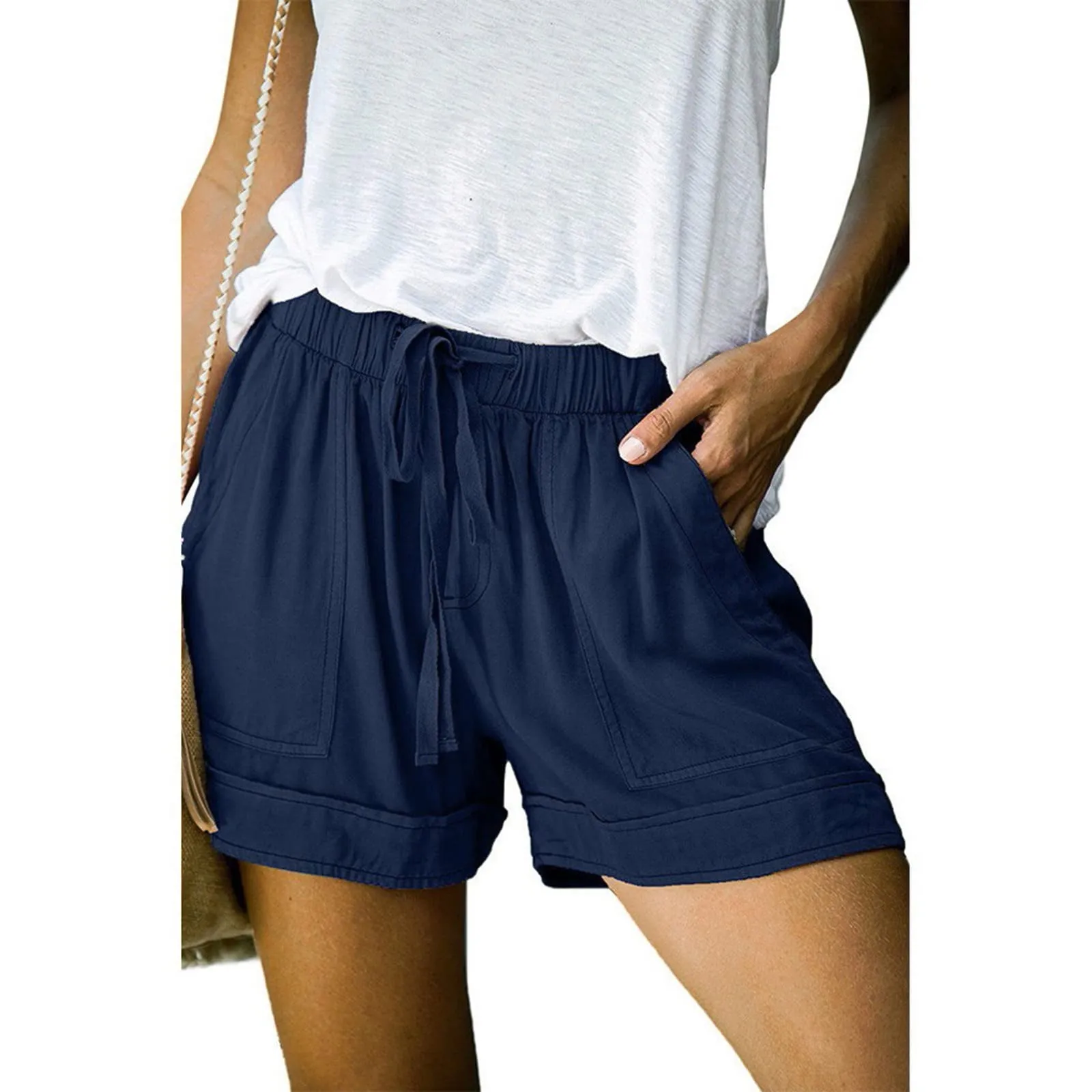 AnnSemo - Pantaloncini estivi da donna UK Plus Size con tasche, vita alta elasticizzata, in cotone, gamba dritta, pantaloni sportivi da palestra, sportivi, hot pants, coulisse, larghi, yoga - immagine 2