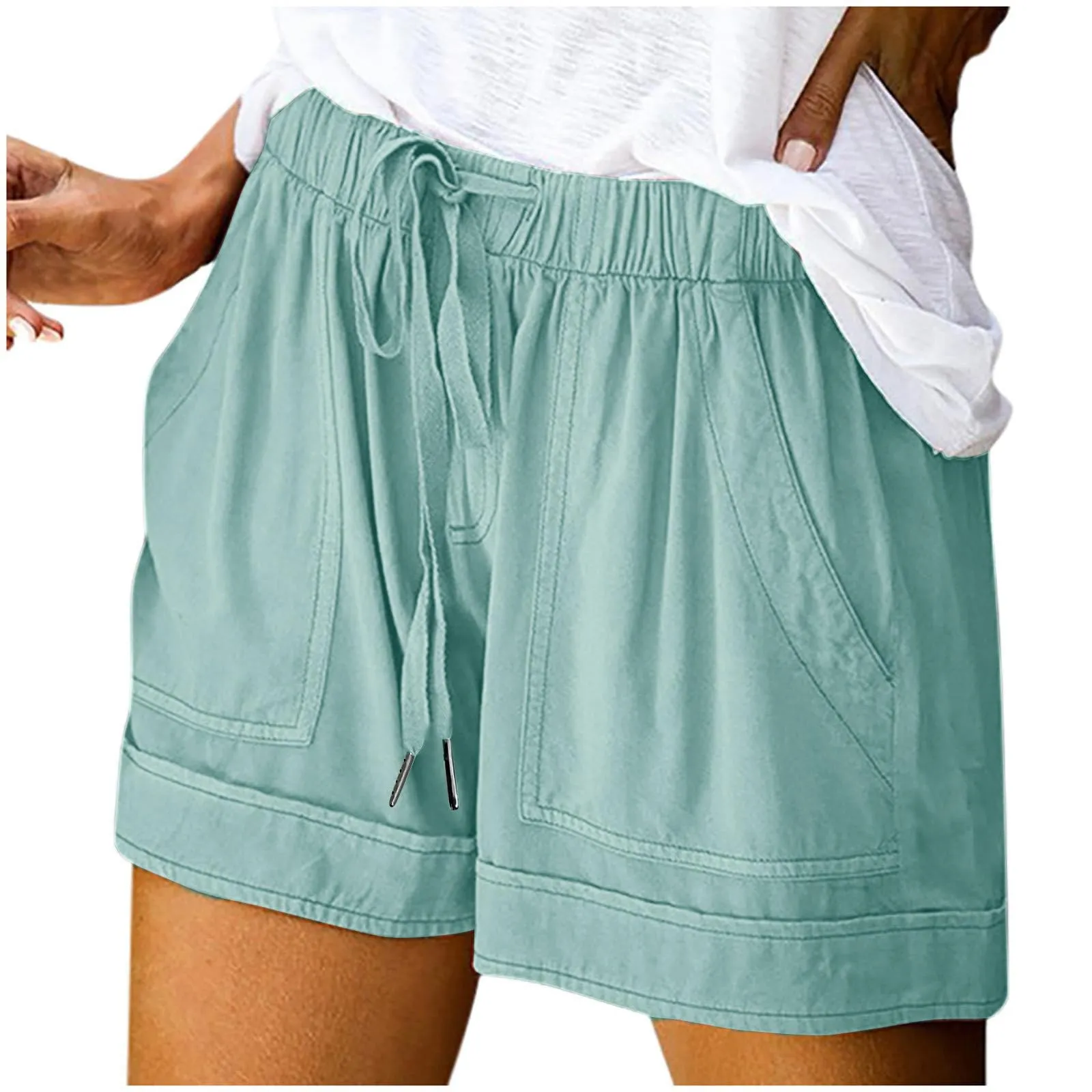 AnnSemo - Pantaloncini estivi da donna UK Plus Size con tasche, vita alta elasticizzata, in cotone, gamba dritta, pantaloni sportivi da palestra, sportivi, hot pants, coulisse, larghi, da yoga, da - immagine 8