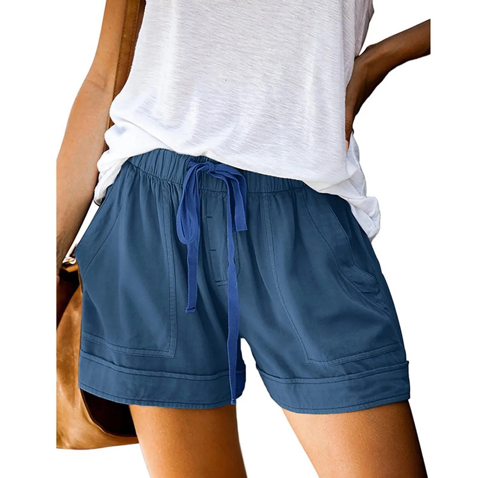 AnnSemo - Pantaloncini estivi da donna UK Plus Size con tasche, vita alta elasticizzata, in cotone, gamba dritta, pantaloni sportivi da palestra, sportivi, hot pants, coulisse, larghi, yoga - immagine 2