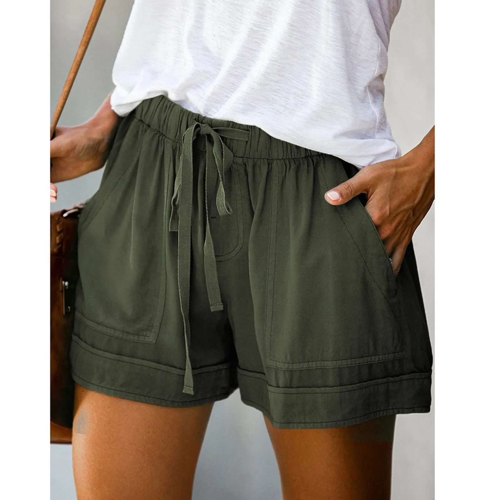 AnnSemo - Pantaloncini estivi da donna UK Plus Size con tasche, vita alta elasticizzata, in cotone, gamba dritta, pantaloni sportivi da palestra, sportivi, hot pants, coulisse, larghi, da yoga, da - immagine 3