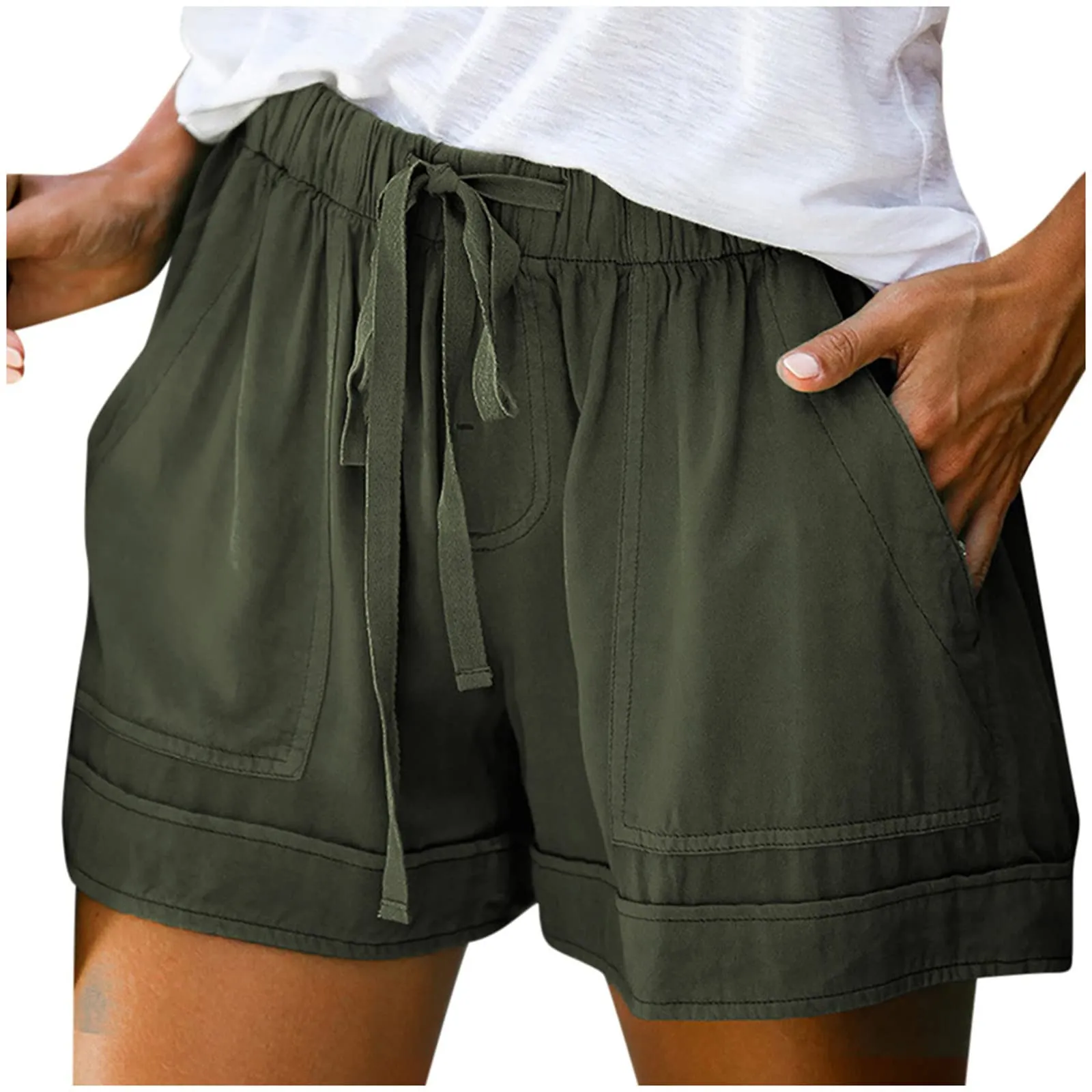 AnnSemo - Pantaloncini estivi da donna UK Plus Size con tasche, vita alta elasticizzata, in cotone, gamba dritta, pantaloni sportivi da palestra, sportivi, hot pants, coulisse, larghi, da yoga, da - immagine 8
