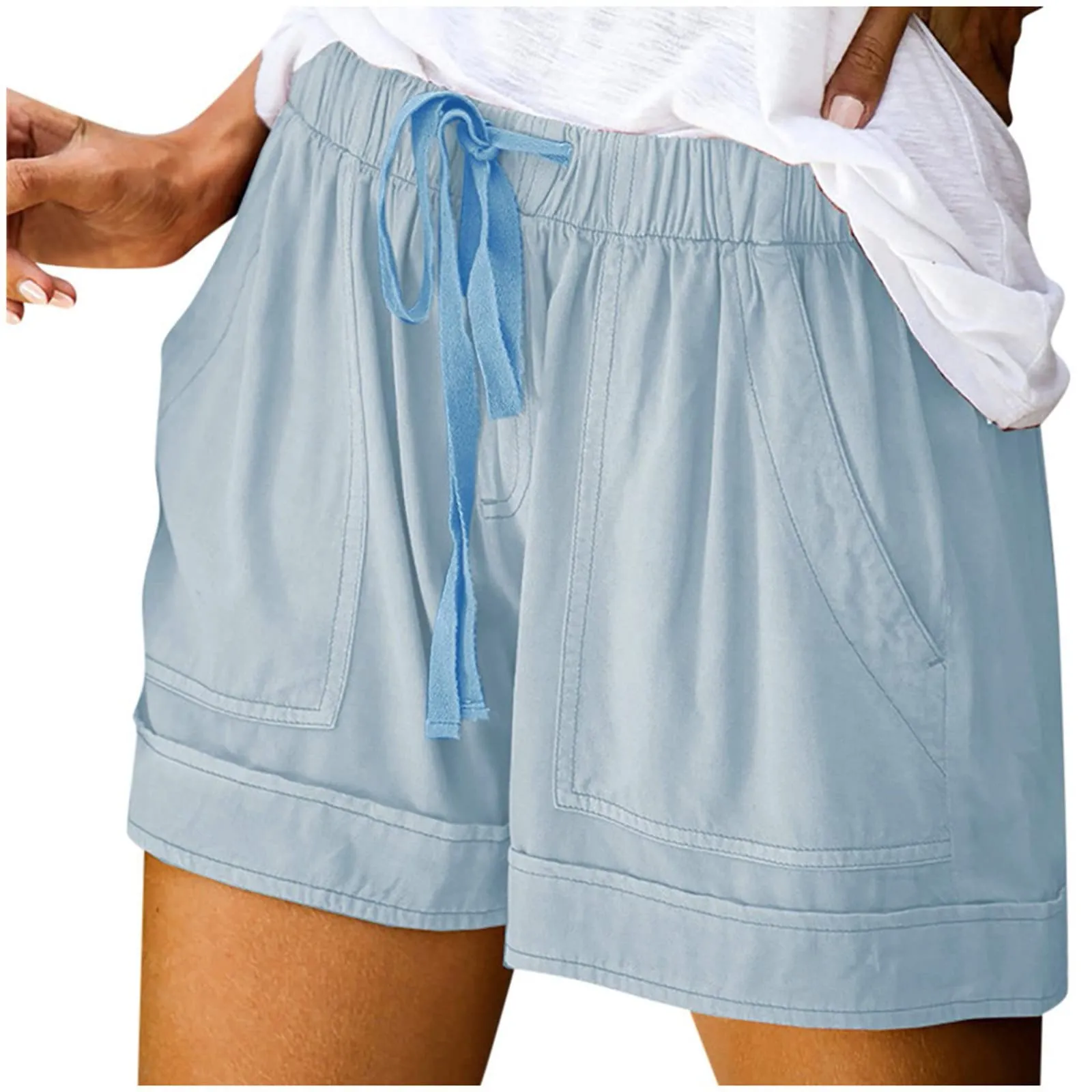 AnnSemo - Pantaloncini estivi da donna UK Plus Size con tasche, vita alta elasticizzata, in cotone, gamba dritta, pantaloni sportivi da palestra, sportivi, hot pants, coulisse, larghi, yoga - immagine 8