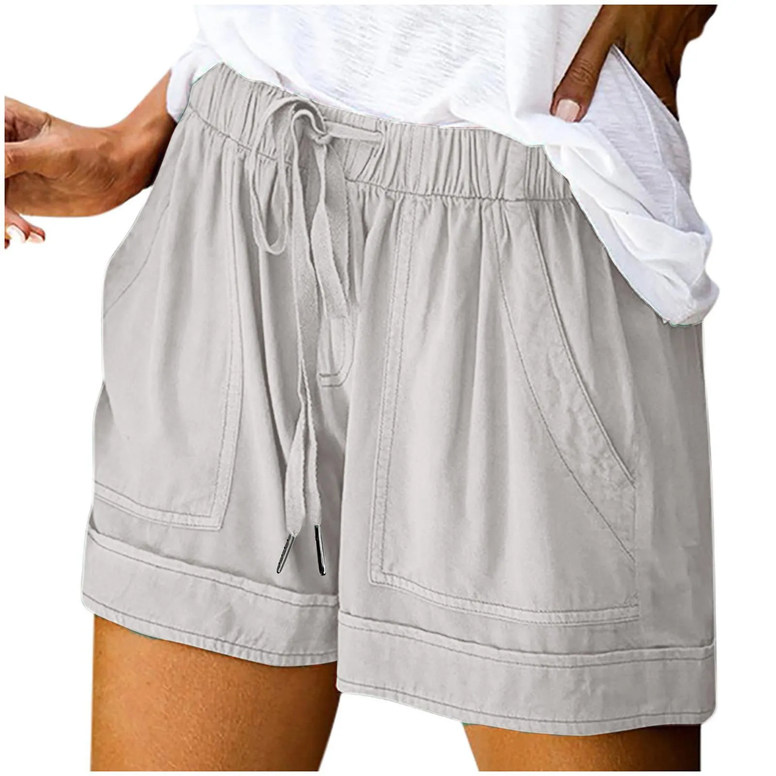 AnnSemo - Pantaloncini estivi da donna UK Plus Size con tasche, vita alta elasticizzata, in cotone, gamba dritta, pantaloni sportivi da palestra, sportivi, hot pants, coulisse, larghi, da yoga, da - immagine 8