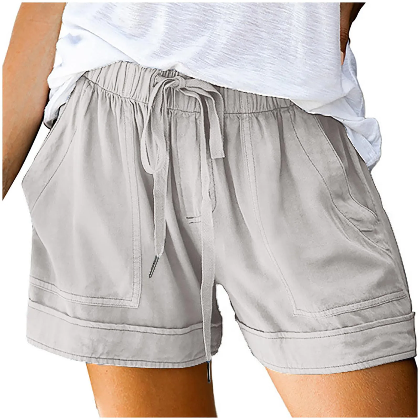 AnnSemo - Pantaloncini estivi da donna UK Plus Size con tasche, vita alta elasticizzata, in cotone, gamba dritta, pantaloni sportivi da palestra, hot pants da yoga, allenamento, coulisse, larghi, 02 - immagine 5
