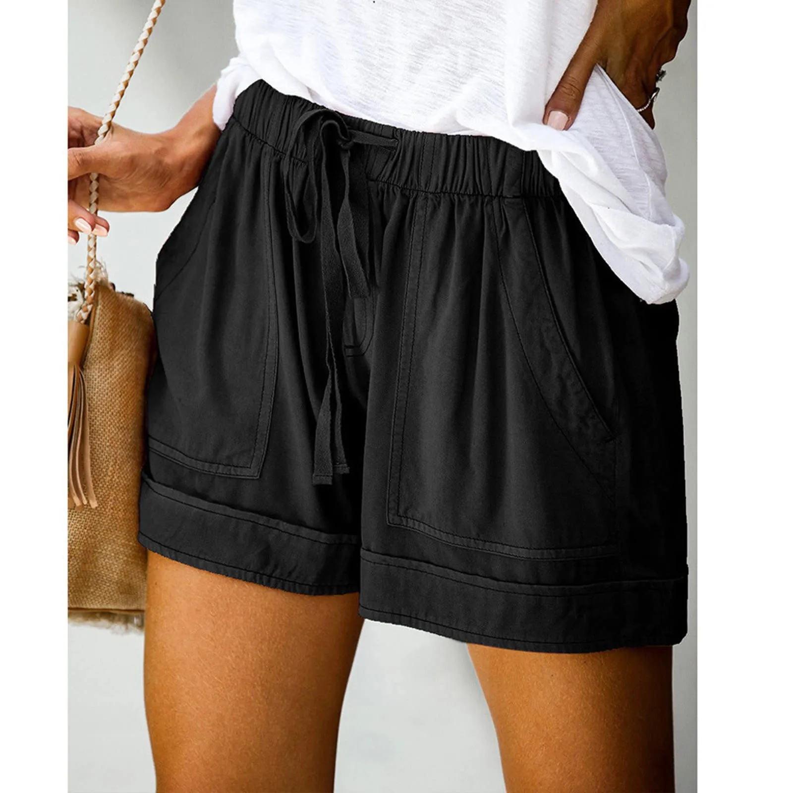 AnnSemo - Pantaloncini estivi da donna UK Plus Size con tasche, vita alta elasticizzata, in cotone, gamba dritta, pantaloni sportivi da palestra, sportivi, hot pants, coulisse, larghi, yoga - immagine 2