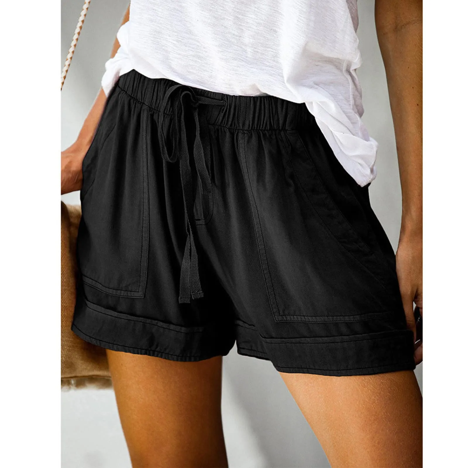 AnnSemo - Pantaloncini estivi da donna UK Plus Size con tasche, vita alta elasticizzata, in cotone, gamba dritta, pantaloni sportivi da palestra, sportivi, hot pants, coulisse, larghi, yoga - immagine 8