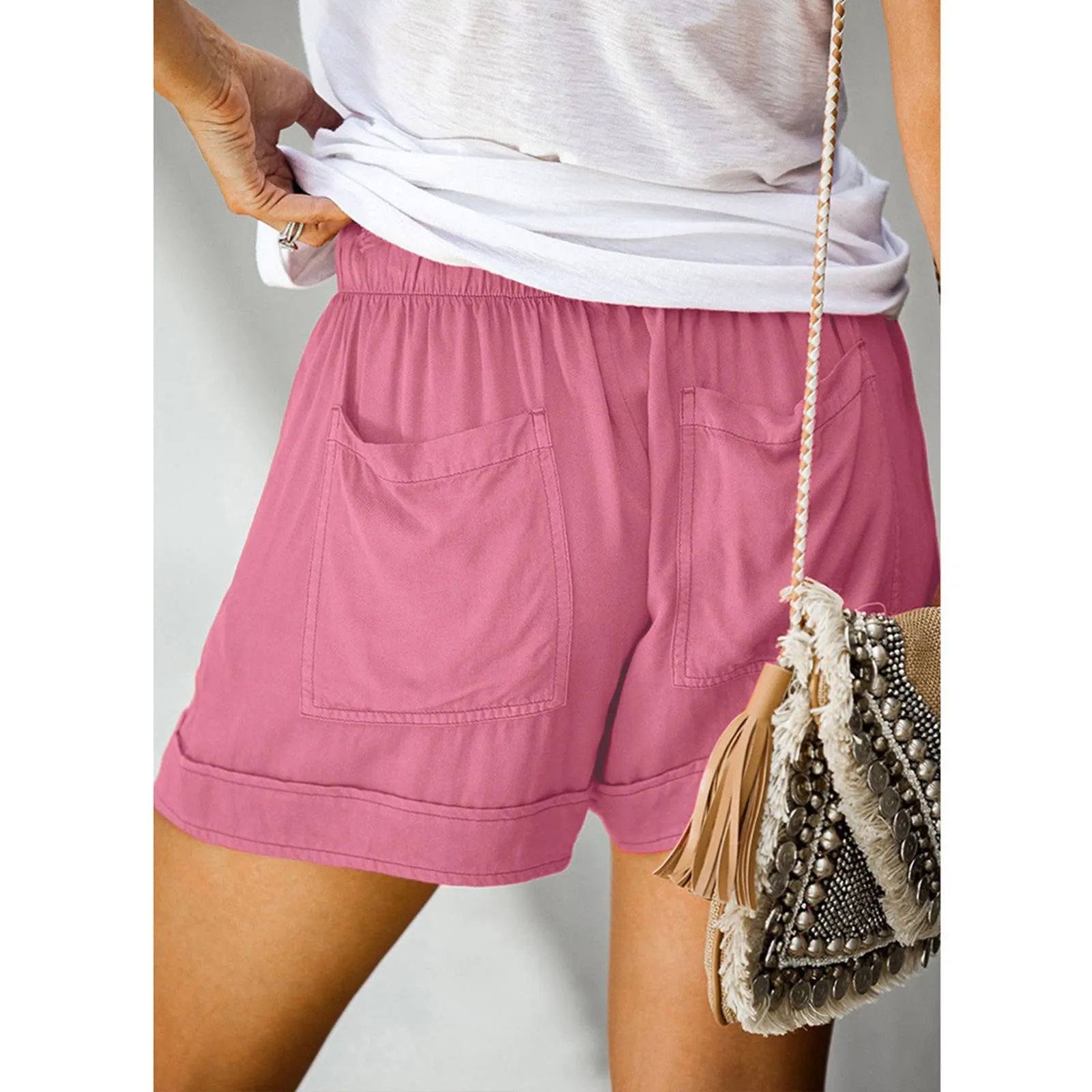 AnnSemo - Pantaloncini estivi da donna UK Plus Size con tasche, vita alta elasticizzata, in cotone, gamba dritta, pantaloni sportivi da palestra, hot pants da yoga, allenamento, coulisse, larghi, 01 - immagine 5