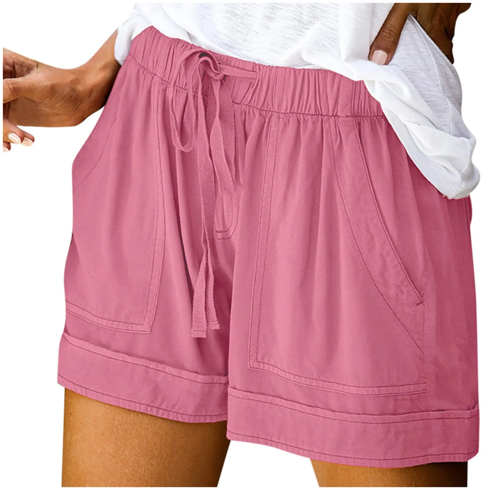 AnnSemo - Pantaloncini estivi da donna UK Plus Size con tasche, vita alta elasticizzata, in cotone, gamba dritta, pantaloni sportivi da palestra, hot pants da yoga, allenamento, coulisse, larghi, 01 - immagine 8