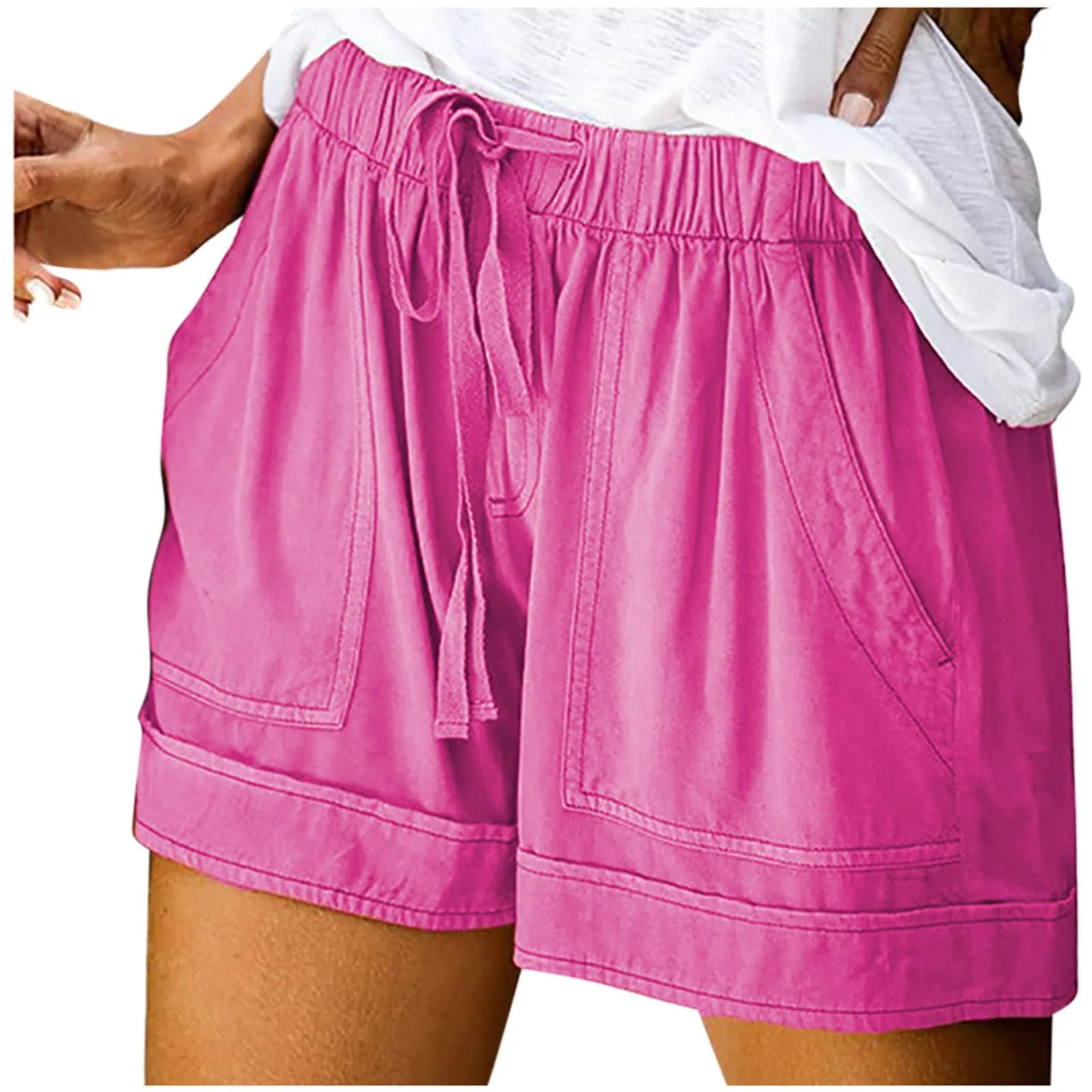 AnnSemo - Pantaloncini estivi da donna UK Plus Size con tasche, vita alta elasticizzata, in cotone, gamba dritta, pantaloni sportivi da palestra, hot pants da yoga, allenamento, coulisse, larghi, 01 - immagine 1