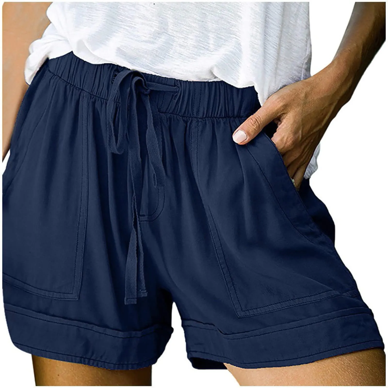 AnnSemo - Pantaloncini estivi da donna UK Plus Size con tasche, vita alta elasticizzata, in cotone, gamba dritta, pantaloni sportivi da palestra, sportivi, hot pants, coulisse, larghi, da yoga, da - immagine 1