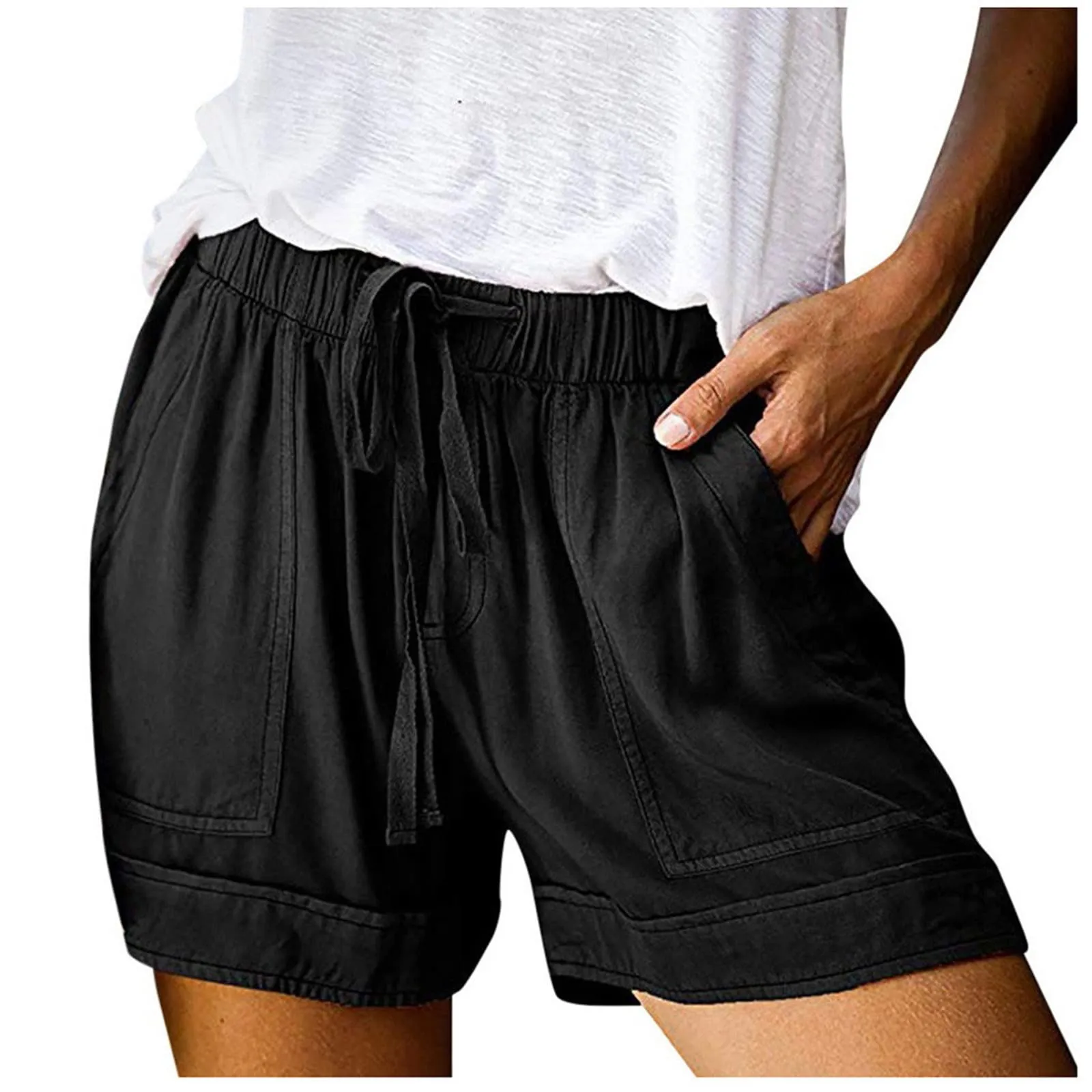 AnnSemo - Pantaloncini estivi da donna UK Plus Size con tasche, vita alta elasticizzata, in cotone, gamba dritta, pantaloni sportivi da palestra, sportivi, hot pants, coulisse, larghi, yoga - immagine 9