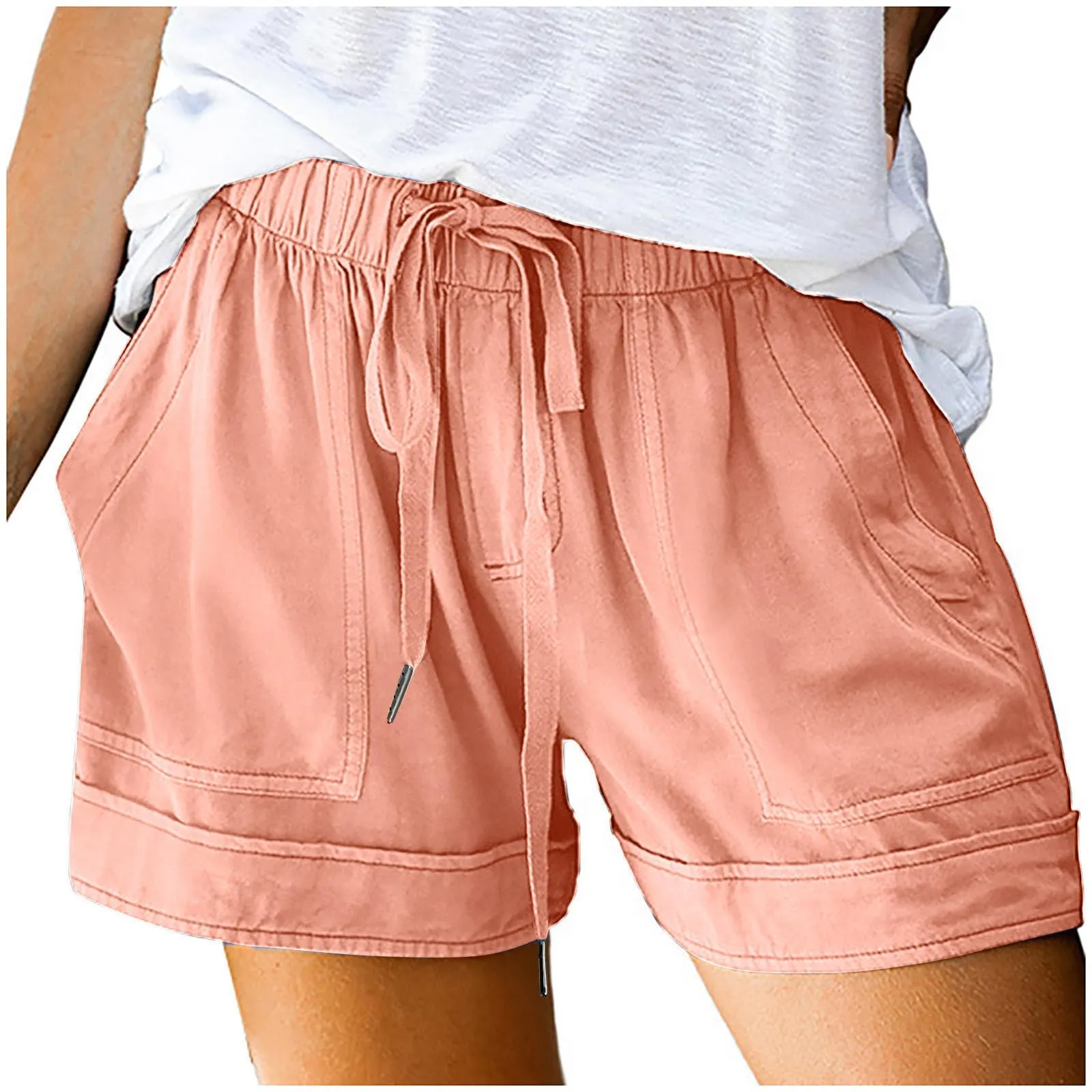 AnnSemo - Pantaloncini estivi da donna UK Plus Size con tasche, vita alta elasticizzata, in cotone, gamba dritta, pantaloni sportivi da palestra, hot pants da yoga, allenamento, coulisse, larghi, 02 - immagine 5
