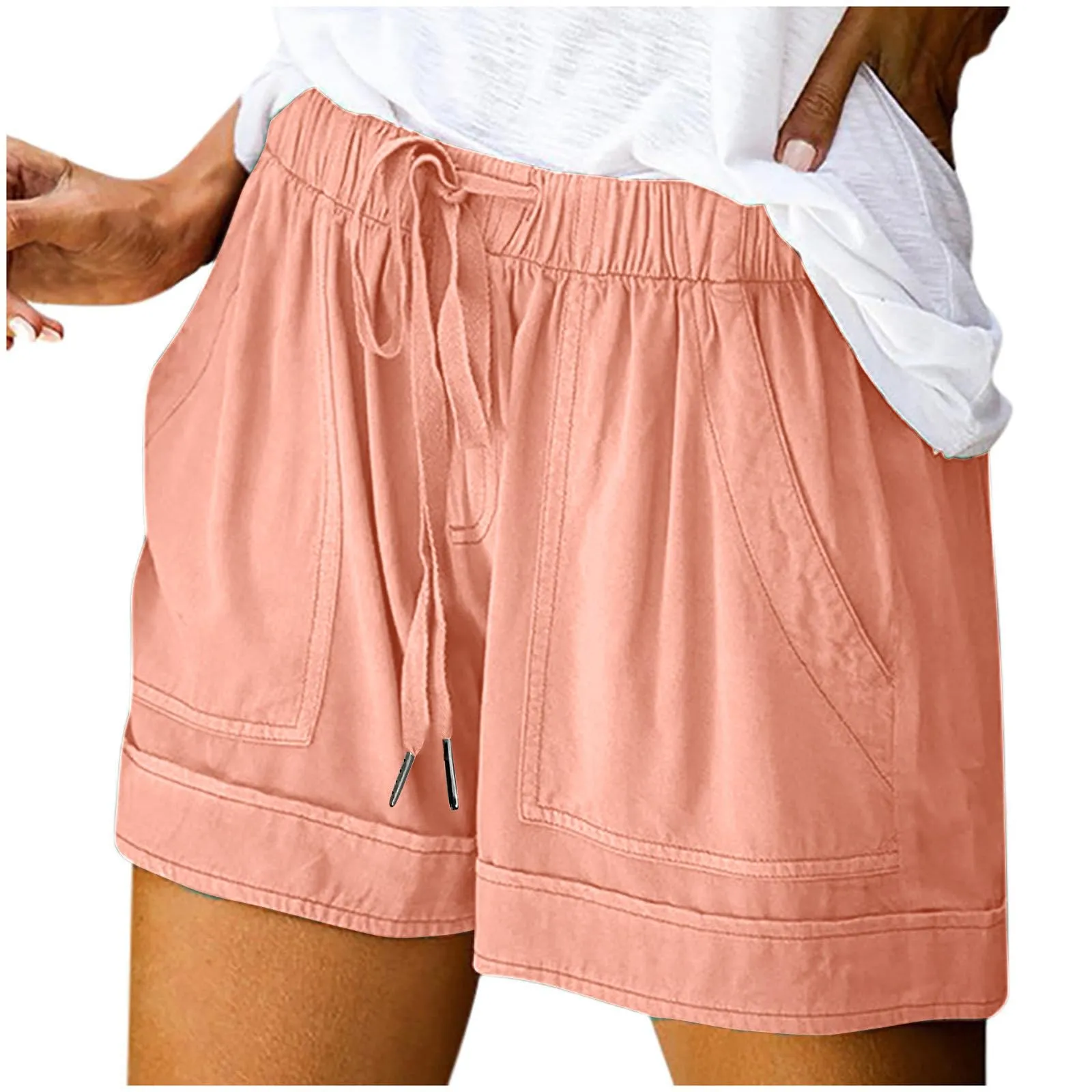 AnnSemo - Pantaloncini estivi da donna UK Plus Size con tasche, vita alta elasticizzata, in cotone, gamba dritta, pantaloni sportivi da palestra, hot pants da yoga, allenamento, coulisse, larghi, 02 - immagine 8