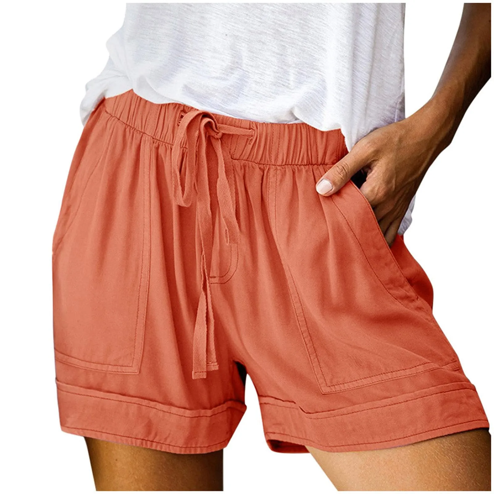 AnnSemo - Pantaloncini estivi da donna UK Plus Size con tasche, vita alta elasticizzata, in cotone, gamba dritta, pantaloni sportivi da palestra, sportivi, hot pants, coulisse, larghi, da yoga, da - immagine 1