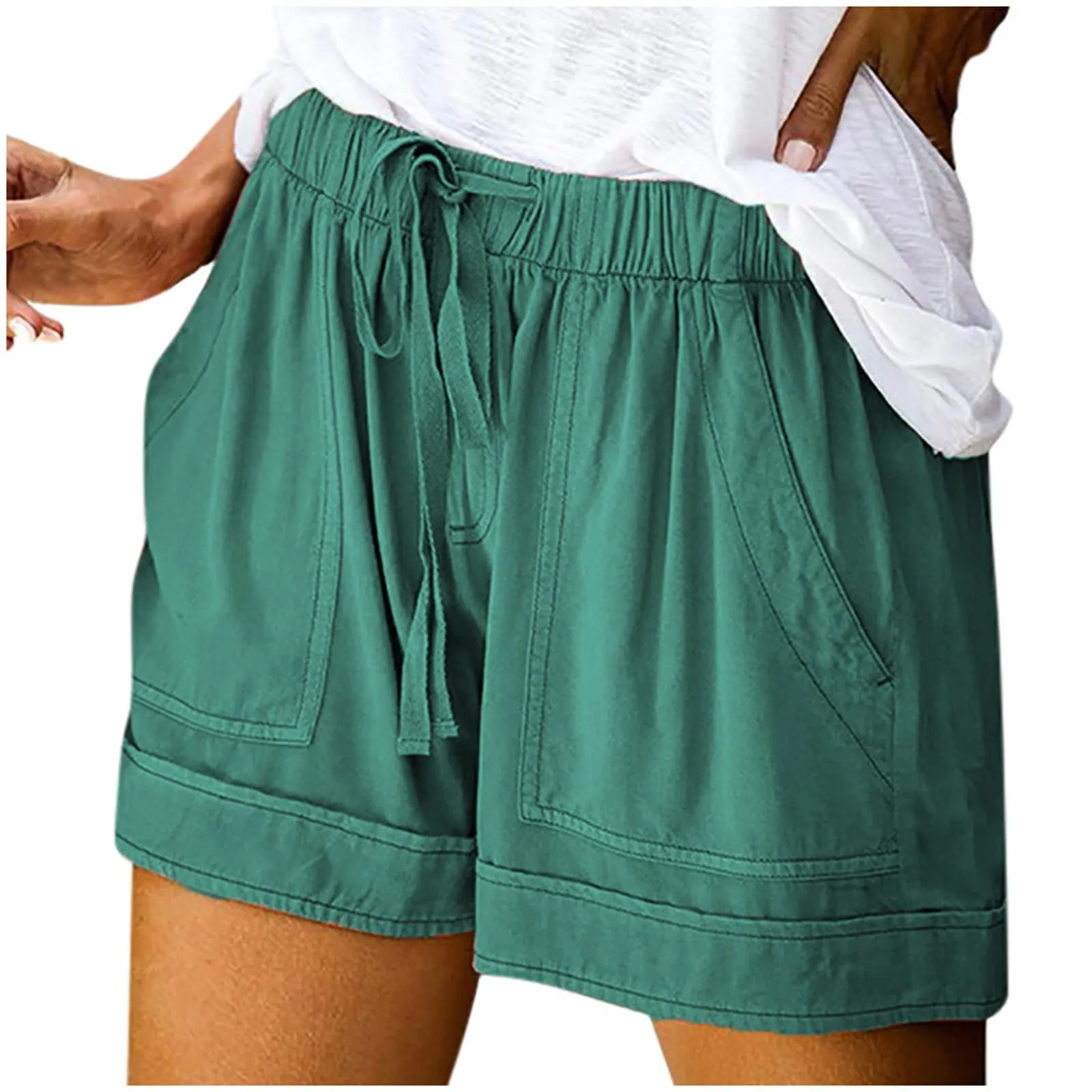 AnnSemo - Pantaloncini estivi da donna UK Plus Size con tasche, vita alta elasticizzata, in cotone, gamba dritta, pantaloni sportivi da palestra, hot pants da yoga, allenamento, coulisse, larghi, 01 - immagine 1