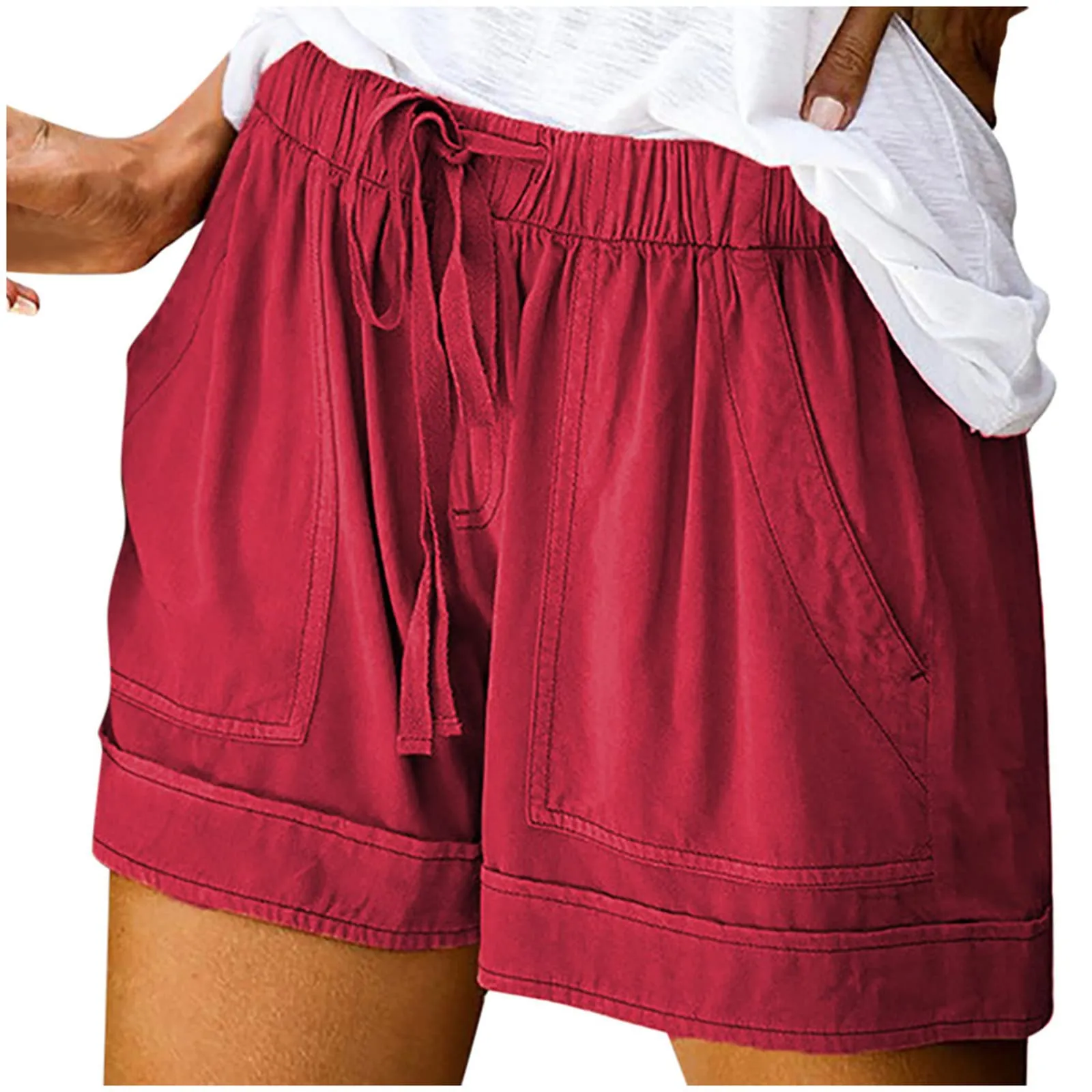 AnnSemo - Pantaloncini estivi da donna UK Plus Size con tasche, vita alta elasticizzata, in cotone, gamba dritta, pantaloni sportivi da palestra, sportivi, hot pants, coulisse, larghi, da yoga, da - immagine 1