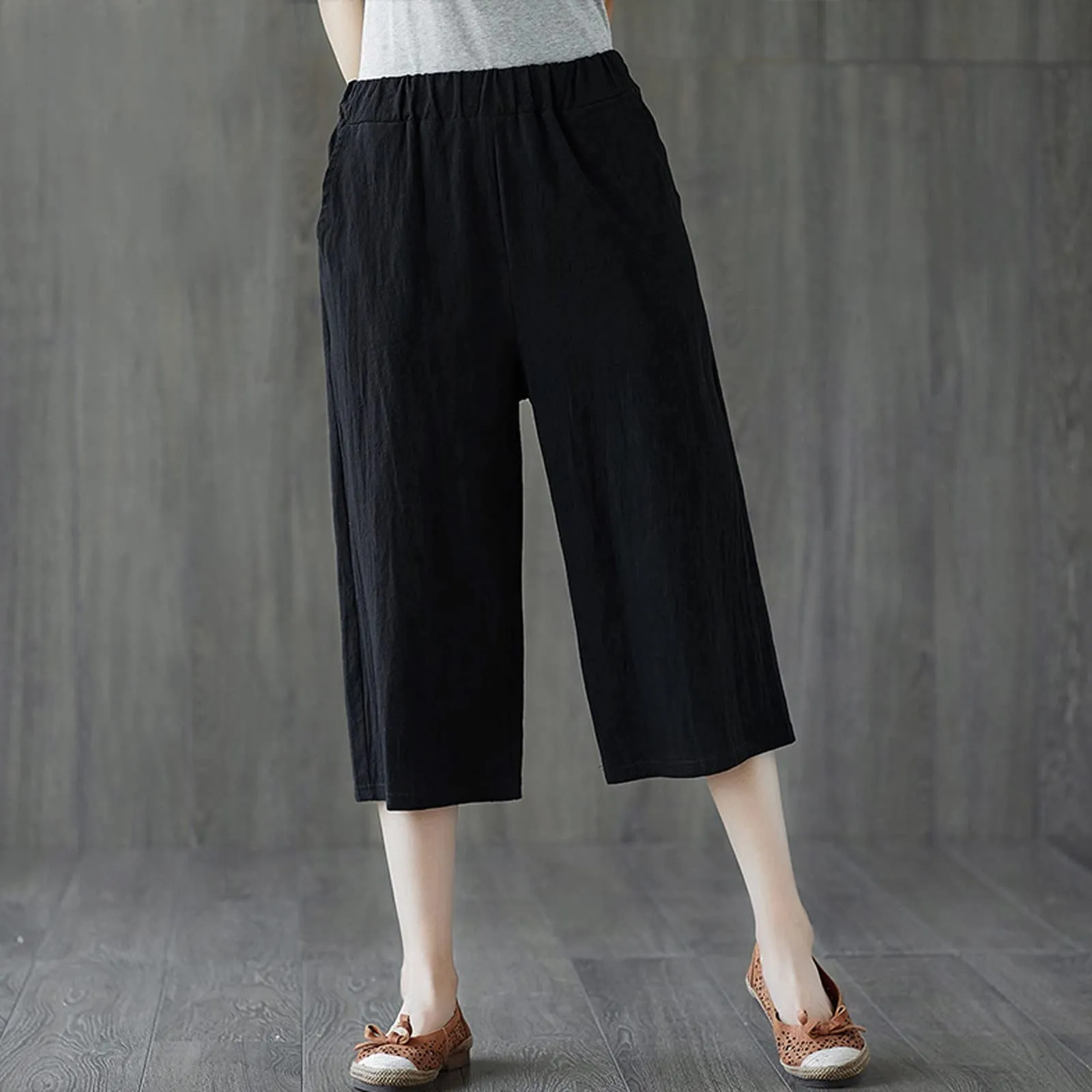 Pinocchietto Donna Taglie Forti Pinocchietti Sportivi Cotone E Lino Casual Bermuda Cropped Leggeri Da Donna Pantalone 3/4 Di Lino Traspiranti Pantaloni Palazzo Larghi Shorts Estivi Taglie Forti - immagine 3
