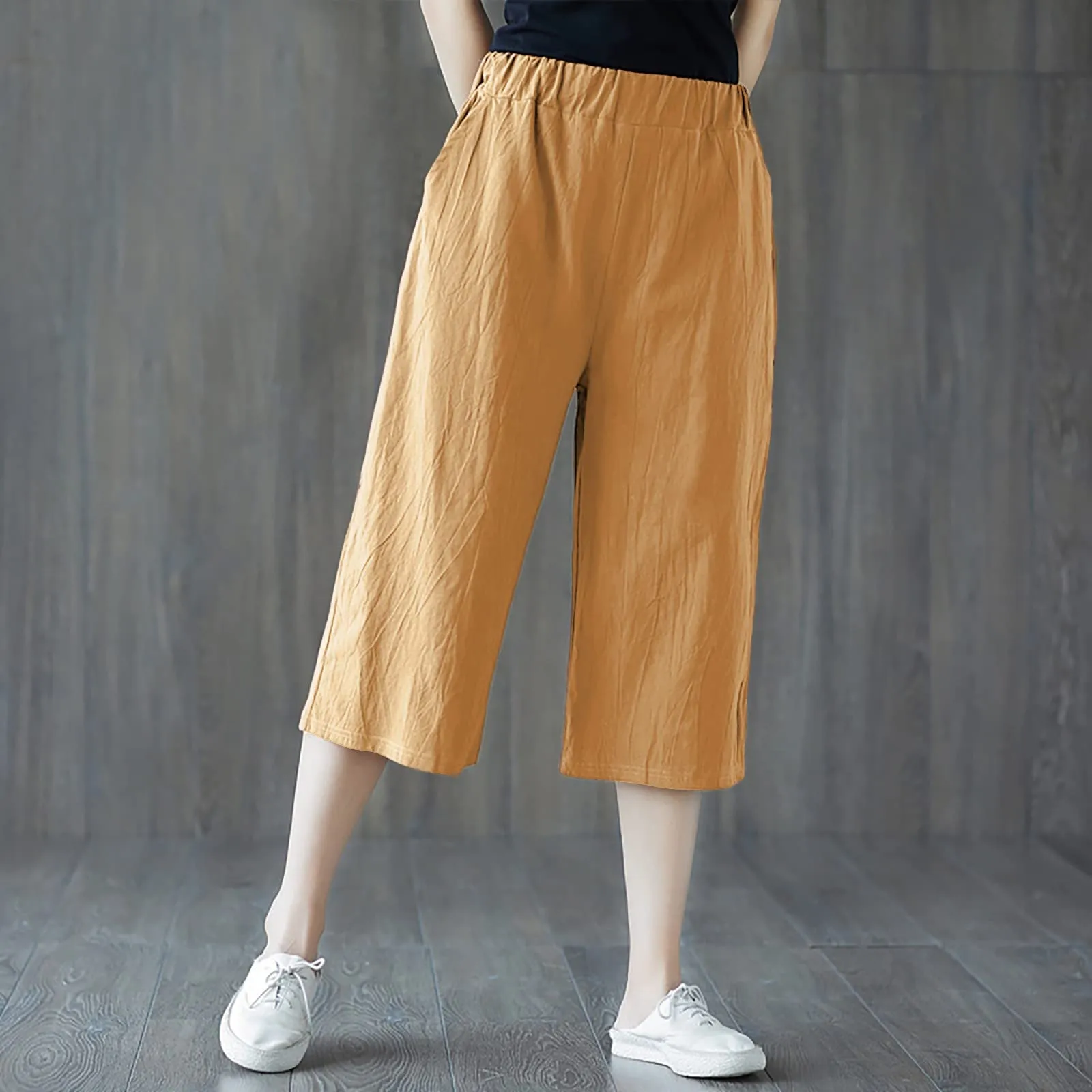 Pinocchietto Donna Taglie Forti Pinocchietti Sportivi Cotone E Lino Casual Bermuda Cropped Leggeri Da Donna Pantalone 3/4 Di Lino Traspiranti Pantaloni Palazzo Larghi Shorts Estivi Taglie Forti - immagine 2