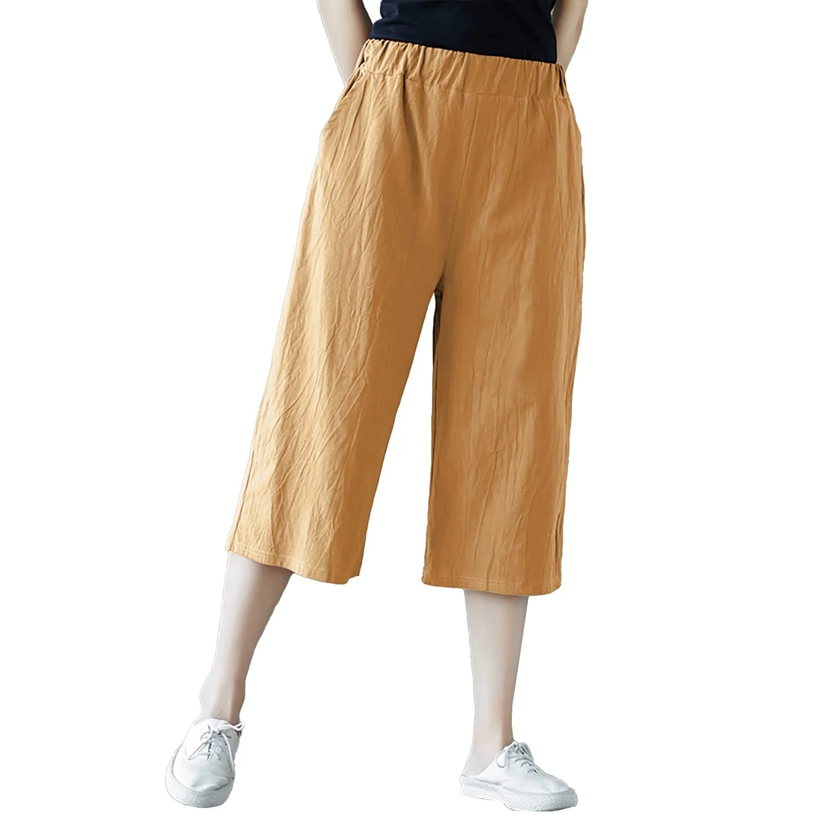 Pinocchietto Donna Taglie Forti Pinocchietti Sportivi Cotone E Lino Casual Bermuda Cropped Leggeri Da Donna Pantalone 3/4 Di Lino Traspiranti Pantaloni Palazzo Larghi Shorts Estivi Taglie Forti - immagine 1