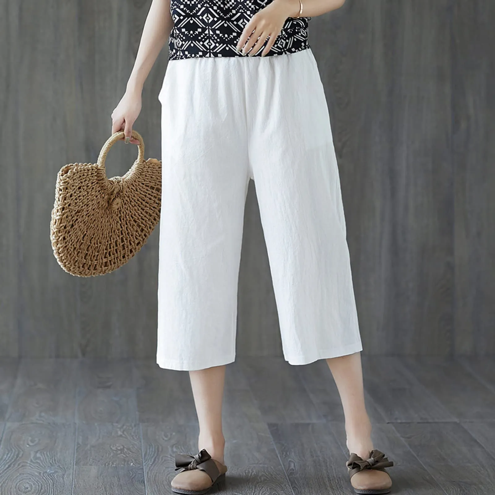Pinocchietto Donna Taglie Forti Pinocchietti Sportivi Cotone E Lino Casual Bermuda Cropped Leggeri Da Donna Pantalone 3/4 Di Lino Traspiranti Pantaloni Palazzo Larghi Shorts Estivi Taglie Forti - immagine 3